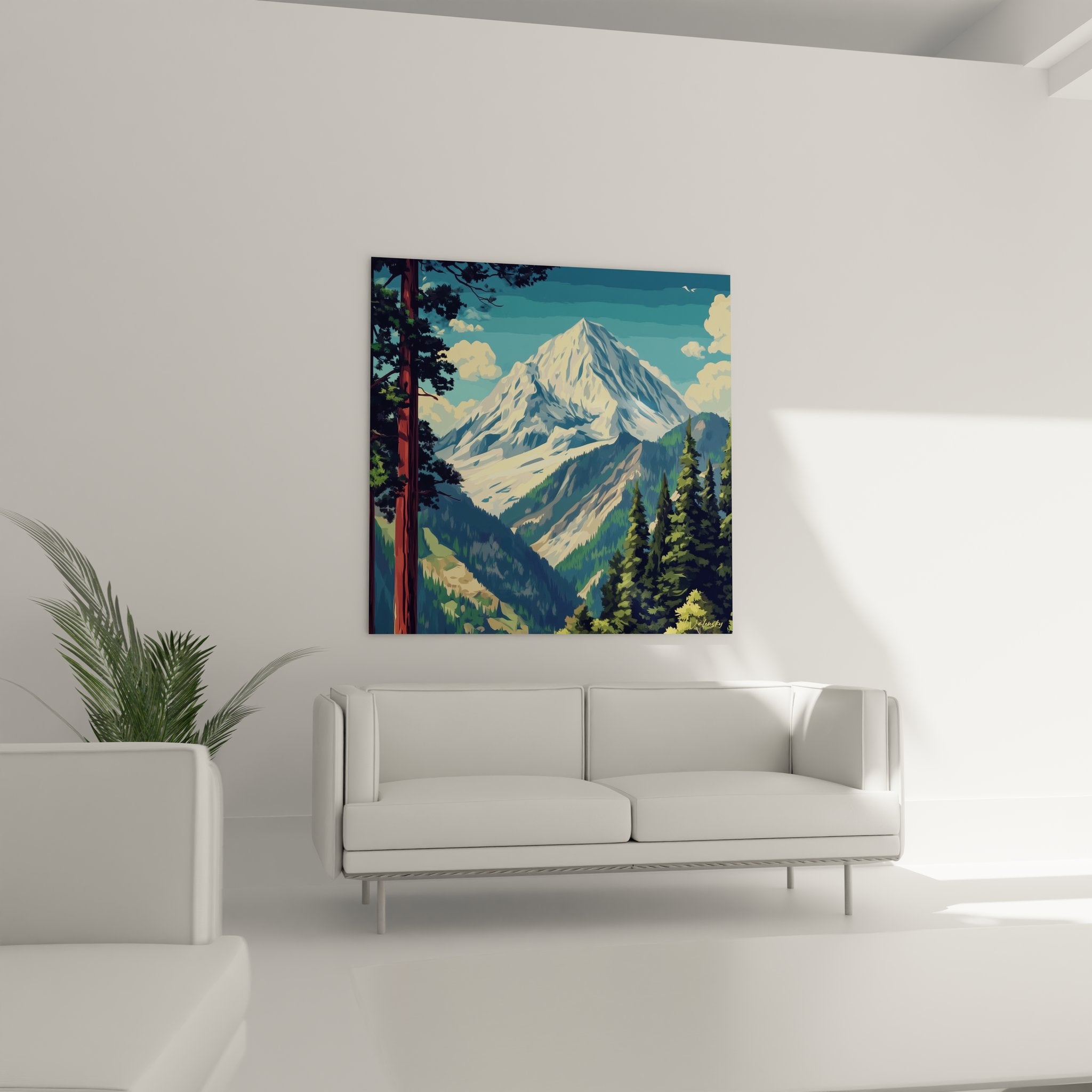 Détail tableau paysage montagneux séquoia et montagnes enneigées art mural nature gros plan