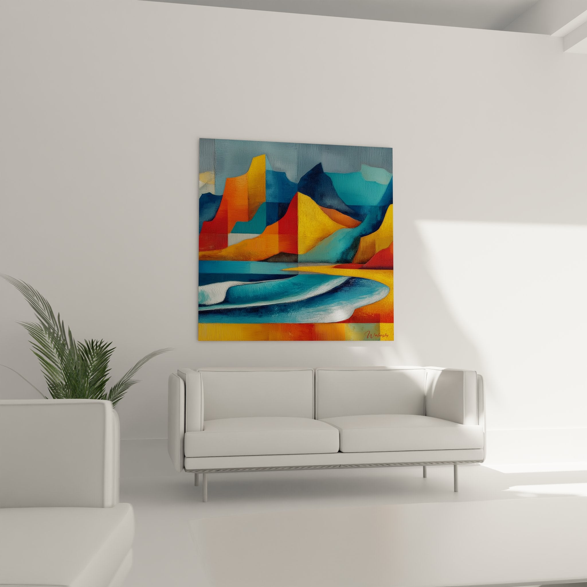 Dettaglio delle trame quadro paesaggio montagnoso, colori vivaci e tecnica pittorica arcipelago