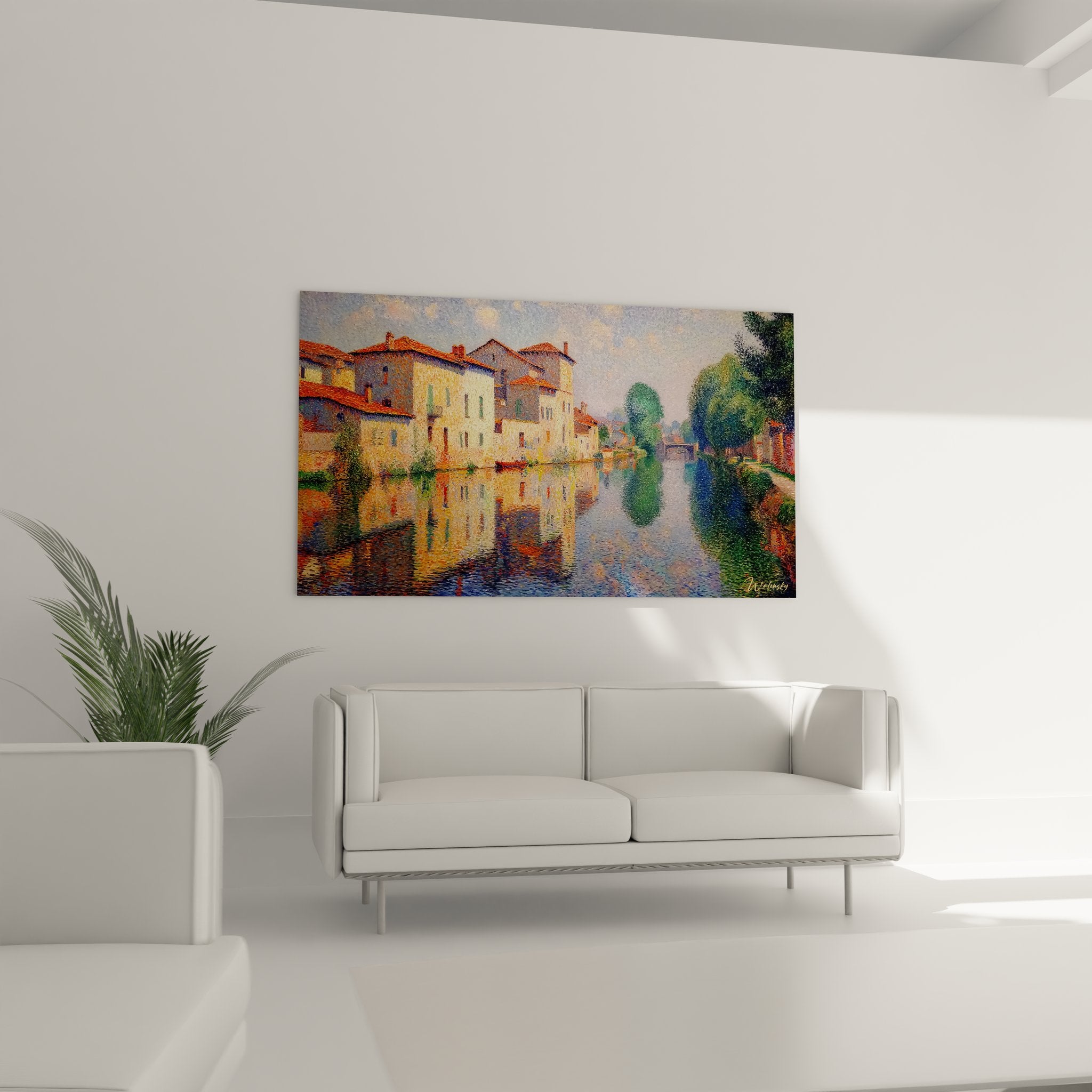 Détail tableau paysage vénitien, technique impressionniste reflets dorés sur eau canal italien gros plan