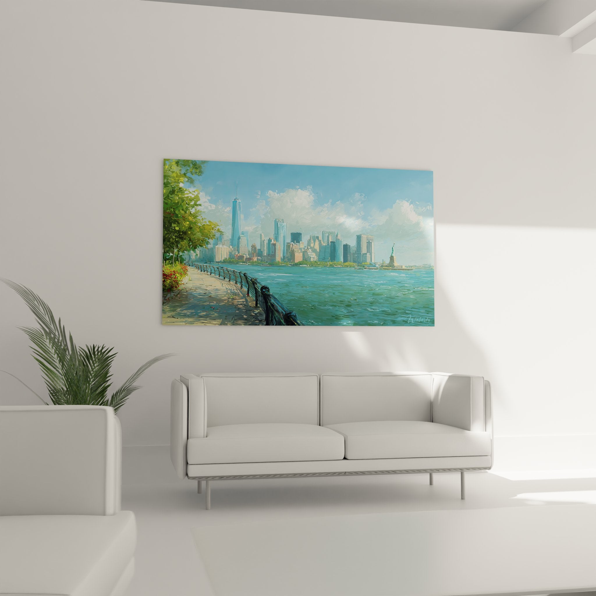 Détail proche tableau peinture Manhattan buildings gratte-ciel depuis promenade Hudson River