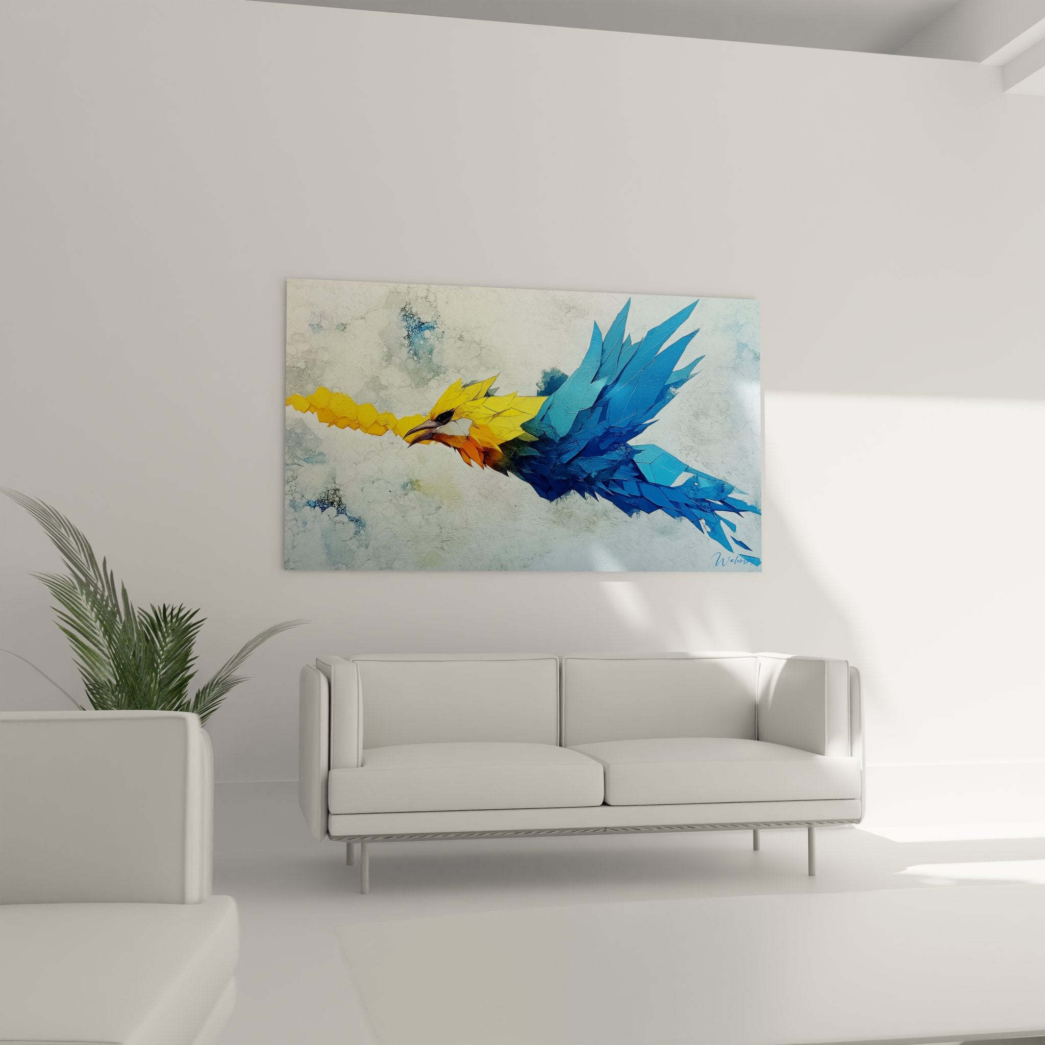 Détail rapproché tableau perroquet abstrait, fragments colorés bleus et jaunes, technique peinture moderne