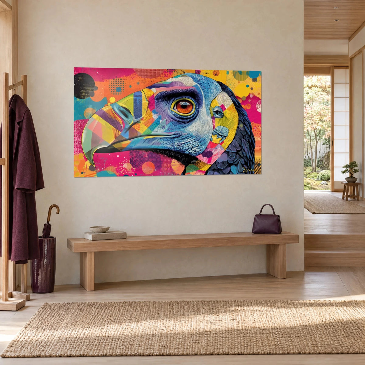 Quadro avvoltoio pop art, piume blu notte e riquadri geometrici giallo limone, becco ricurvo, su una parete beige accanto a una panca in legno