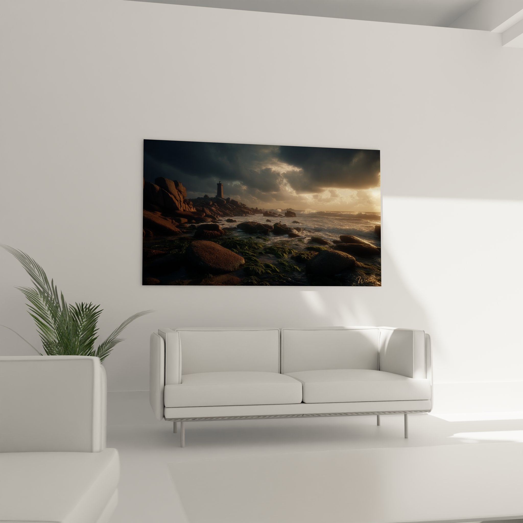 Détail tableau phare côtier montrant textures rochers et algues marines dorées