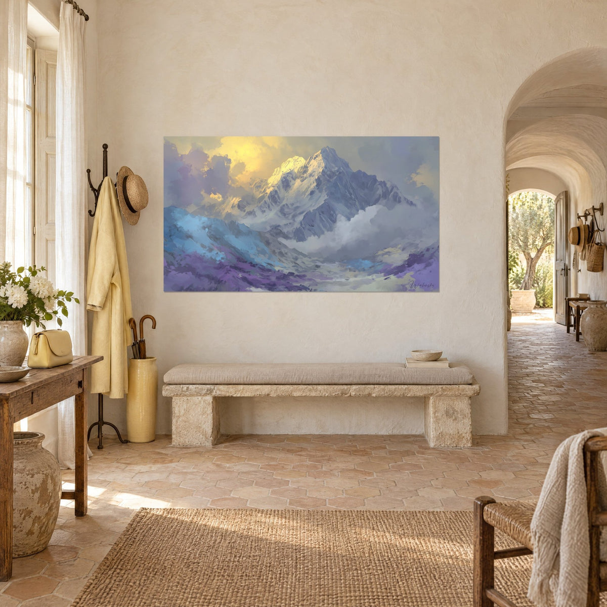 Tableau pic alpin aux flancs gris-bleu et brume lilas, aperçu en trois-quarts au-dessus d'un banc de pierre, mas provençal