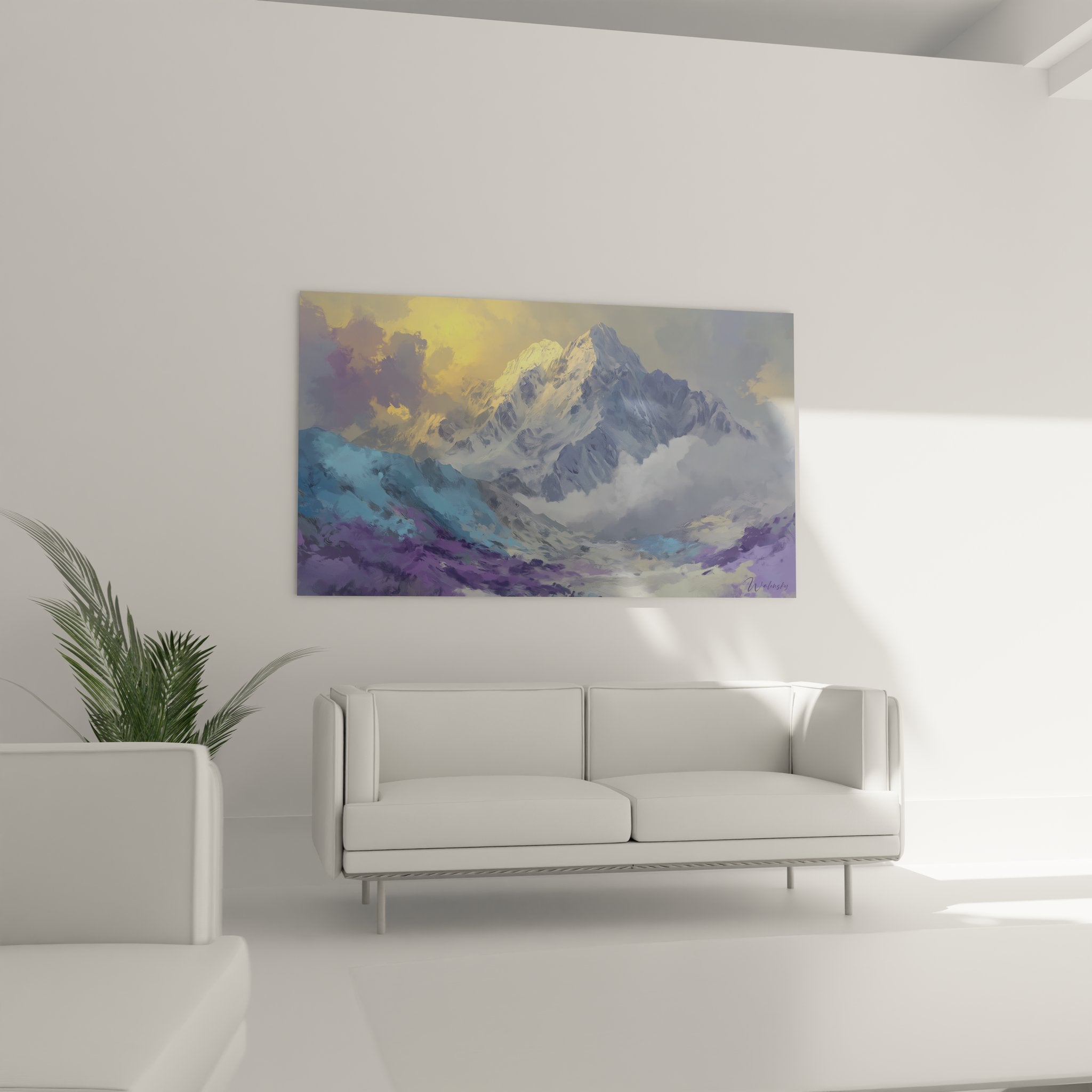 Détail tableau montagne showing texture picturale des pics rocheux et nuages atmosphériques dorés