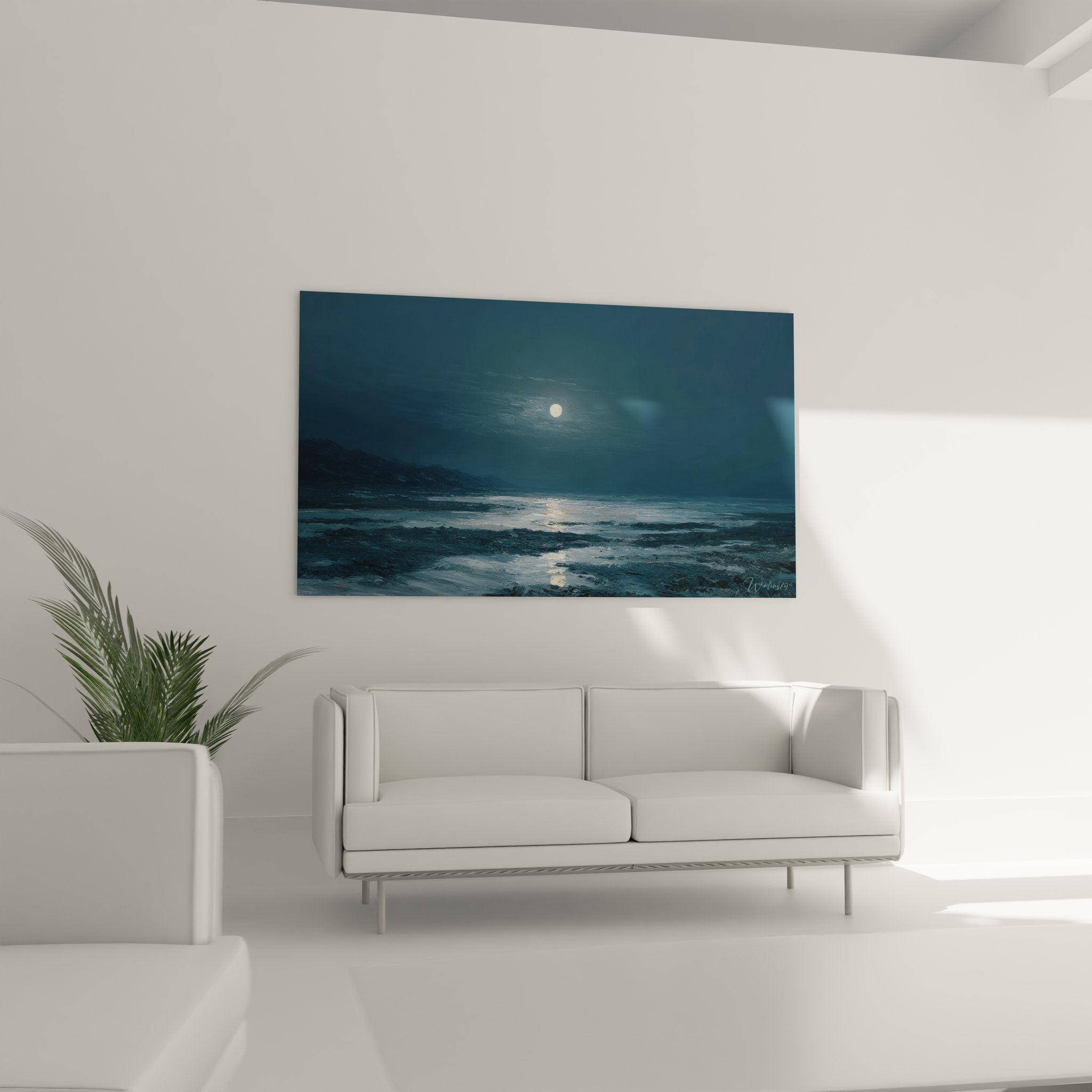 Détail tableau plage nocturne vagues reflets lunaires peinture océan