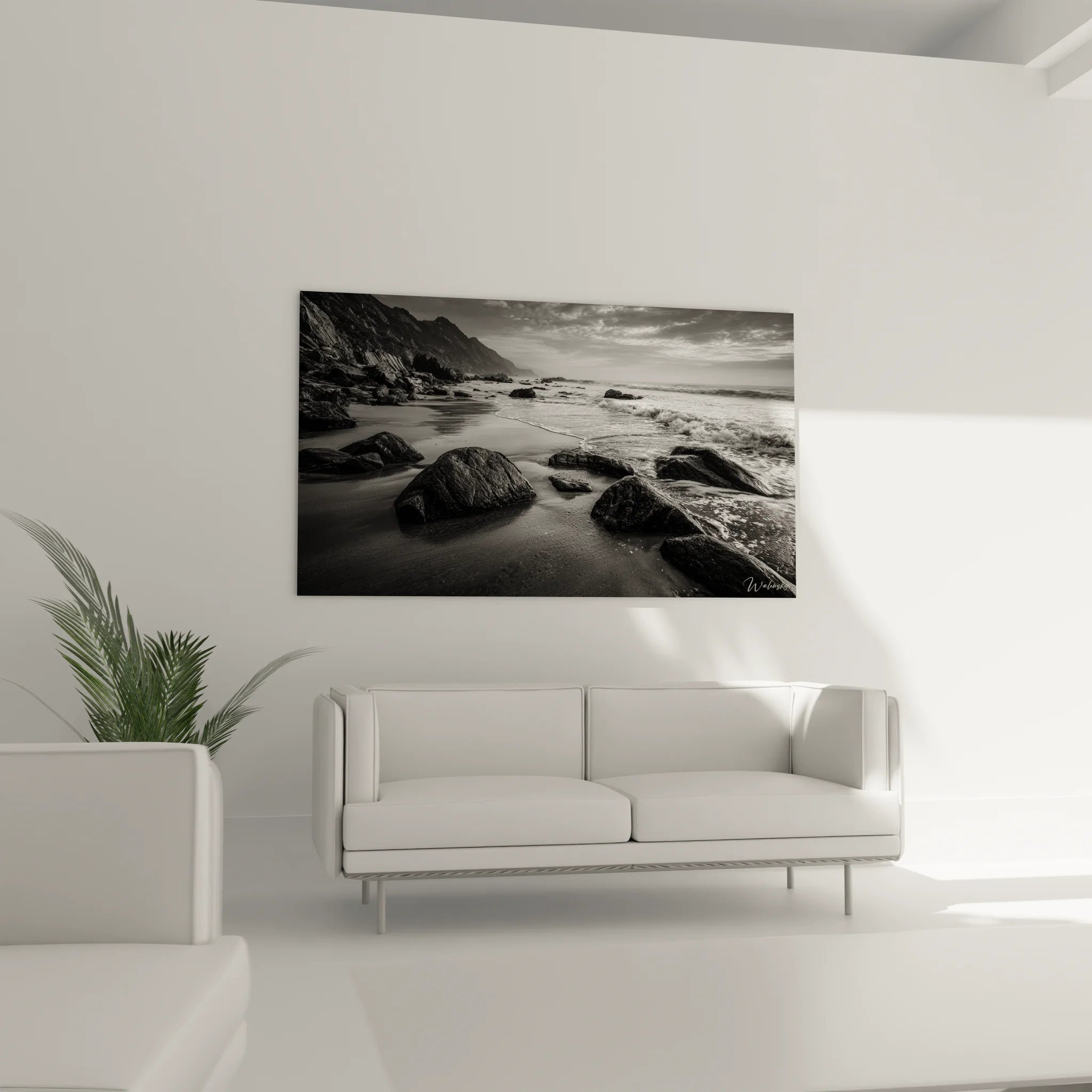 Détail tableau plage rocheuse noir blanc montrant texture rochers et sable, qualité impression haute définition