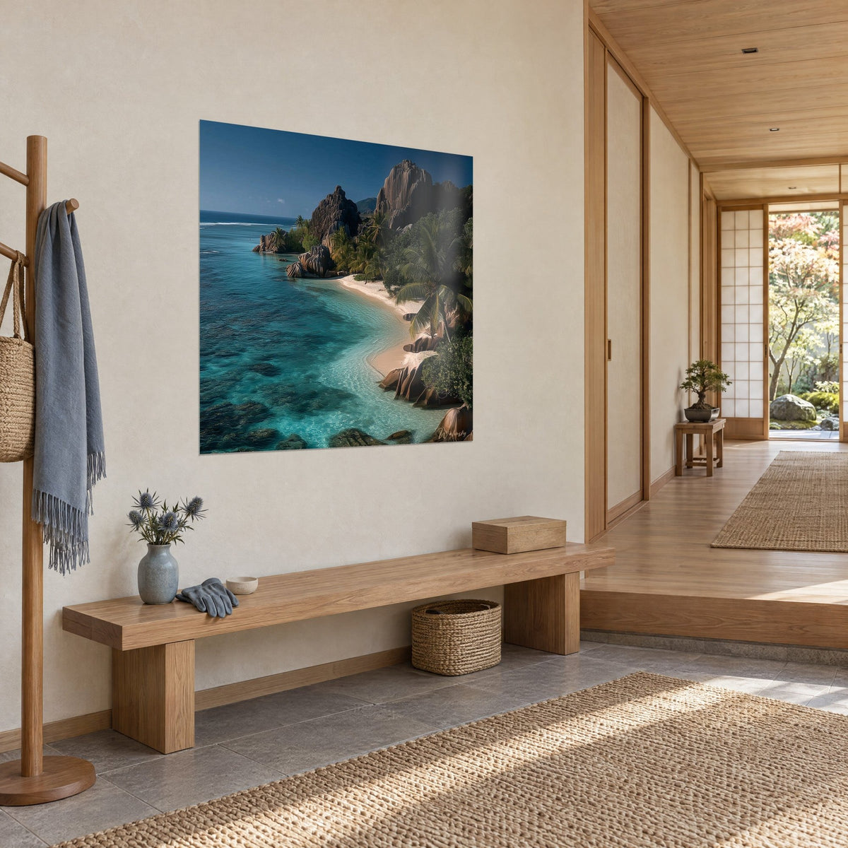 Wall art paradise cove with cyan waters, weathered copper-toned rocks and coconut palms, hung in a corridor of light wood