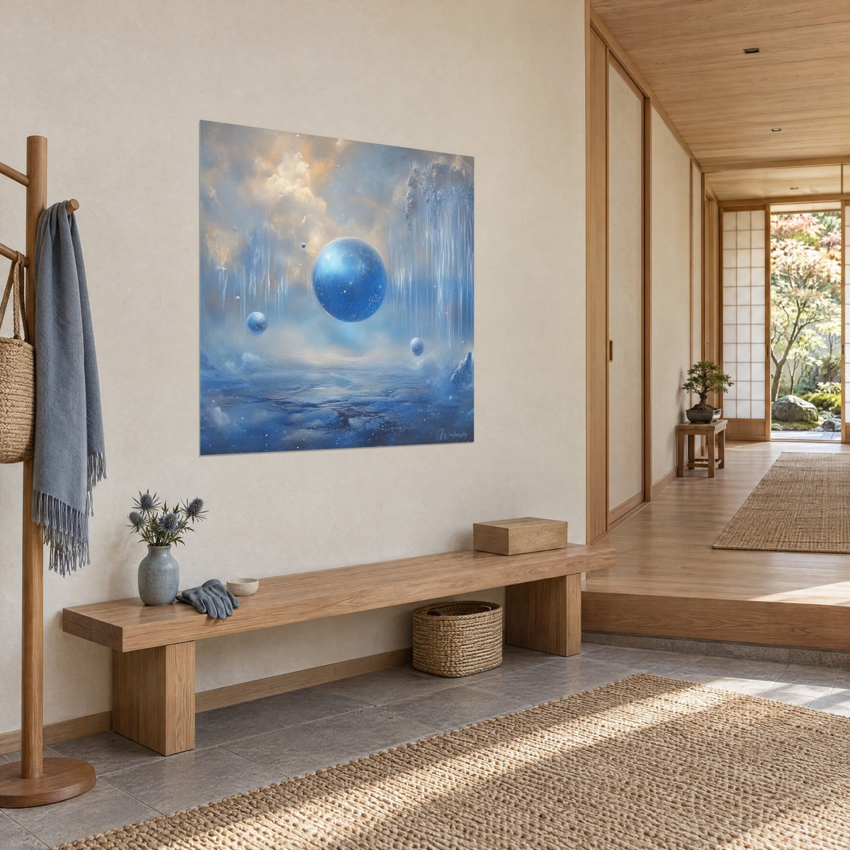 Wall art sapphire globe floating between ochre clouds and curtains of ice, hung in a light wood hallway, three-quarter view