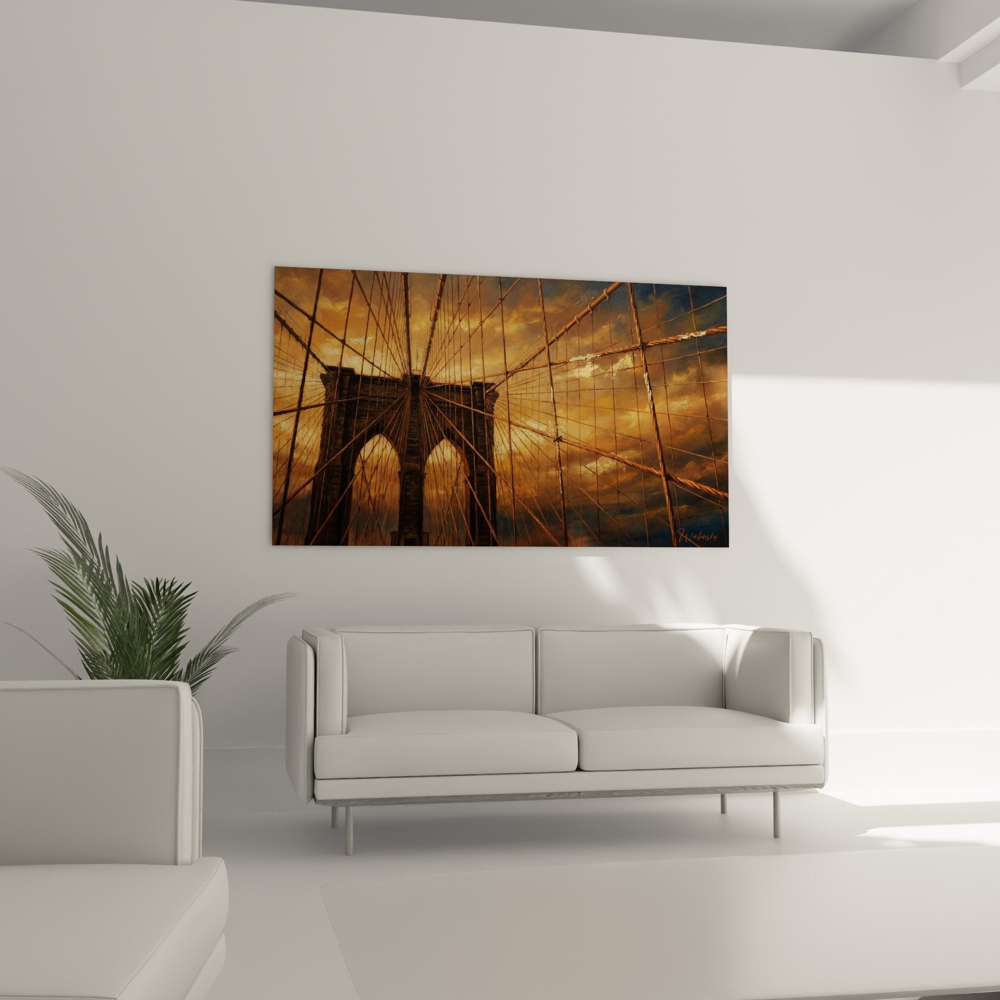 Detail tableau pont Brooklyn cables metalliques tons cuivres textures architecture urbaine