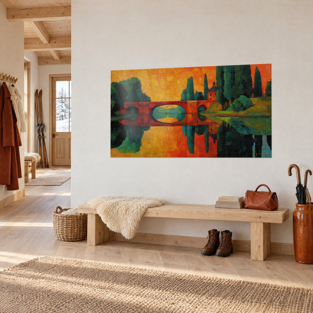 Tableau reflets d'un vieux pont rouille sur l'eau calme, ciel ambre et cyprès turquoise, au mur d'une entrée de chalet