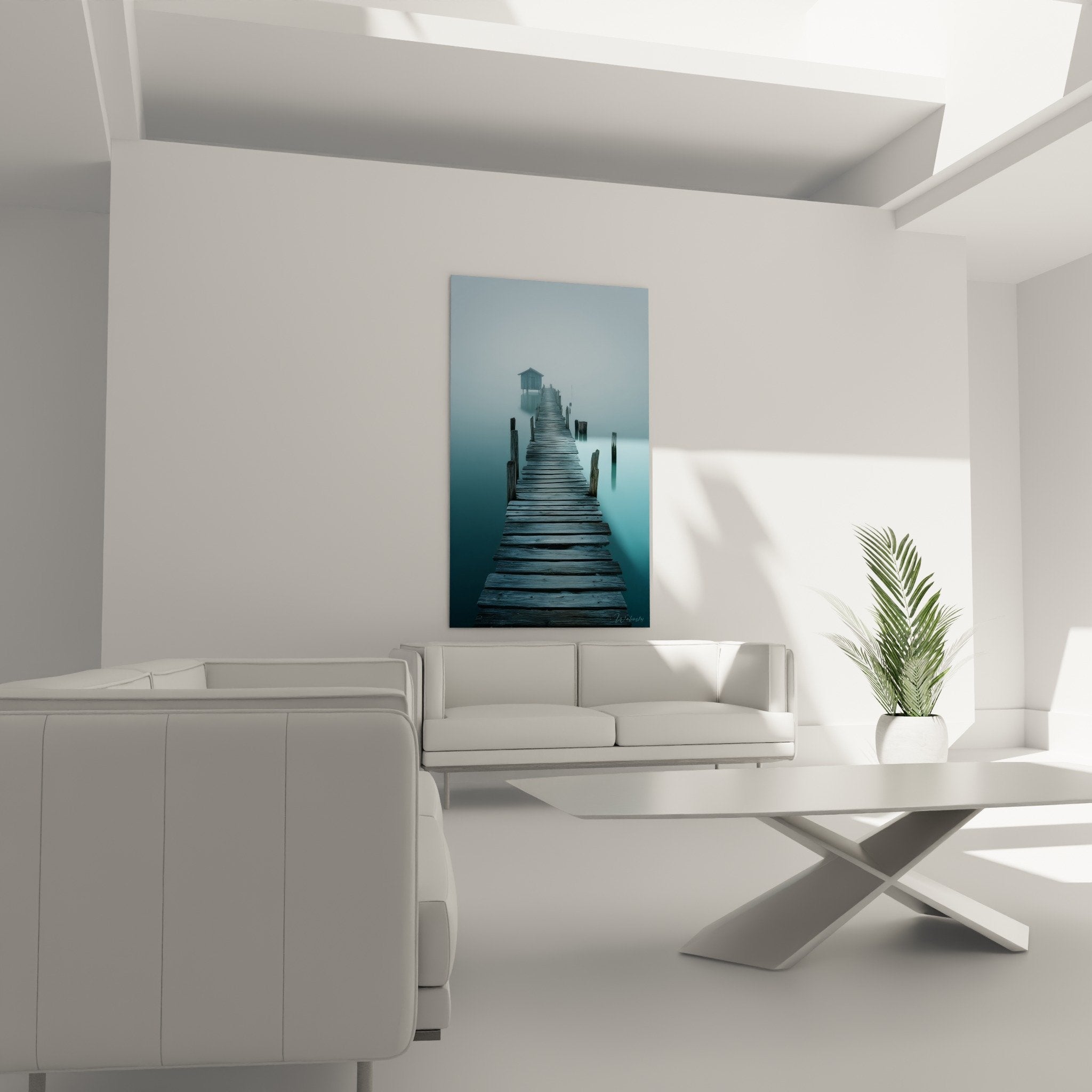 Close-up detail wooden pier painting misty blue grey tones canvas texture Feng shui North Water