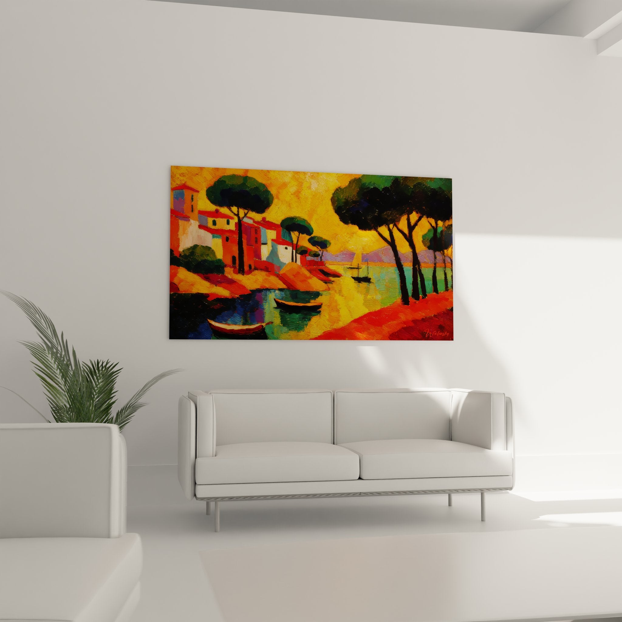 Détail du tableau port méditerranéen montrant la technique picturale et les couleurs expressives