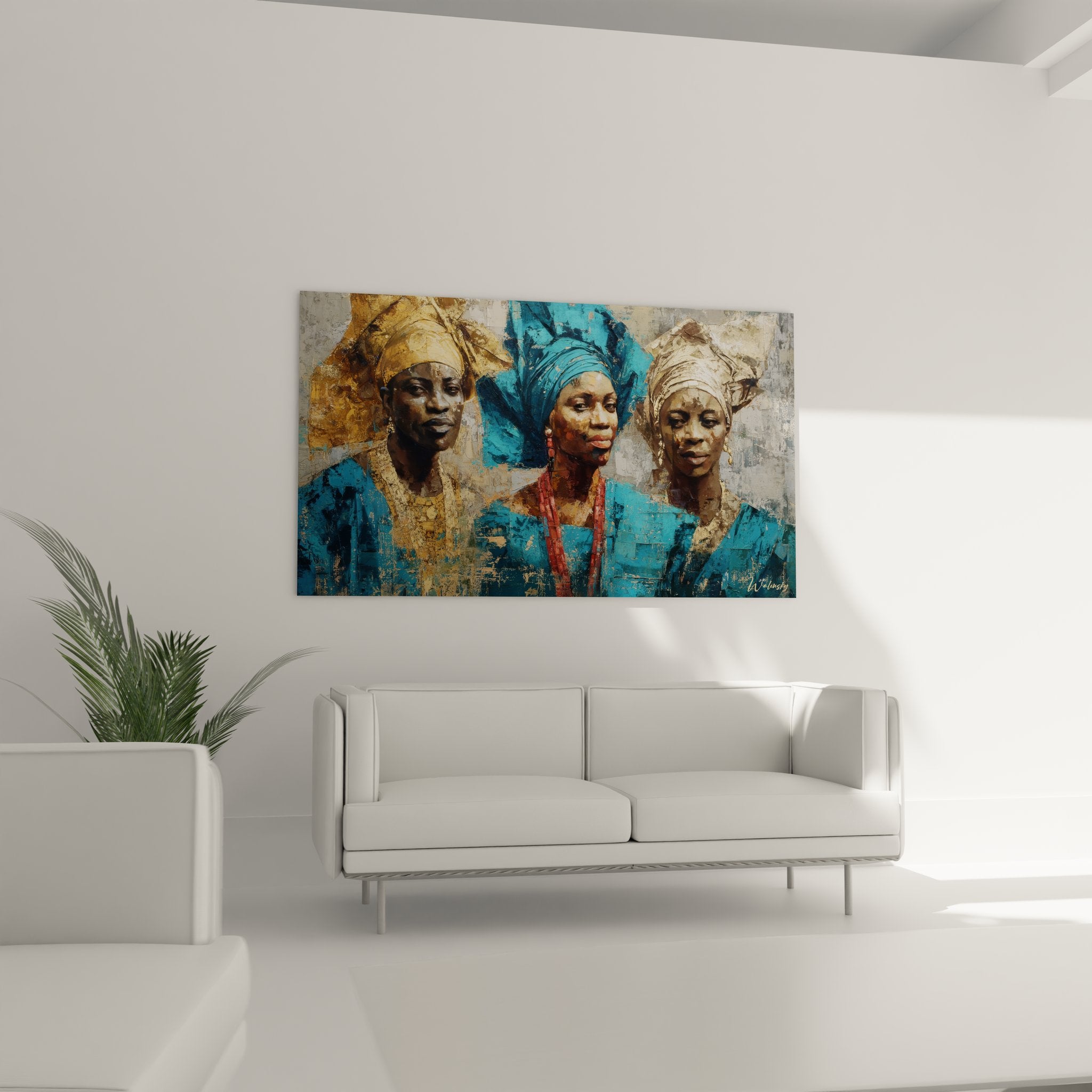 Détail tableau portrait femmes africaines turbans bijoux traditionnels peinture ethnique