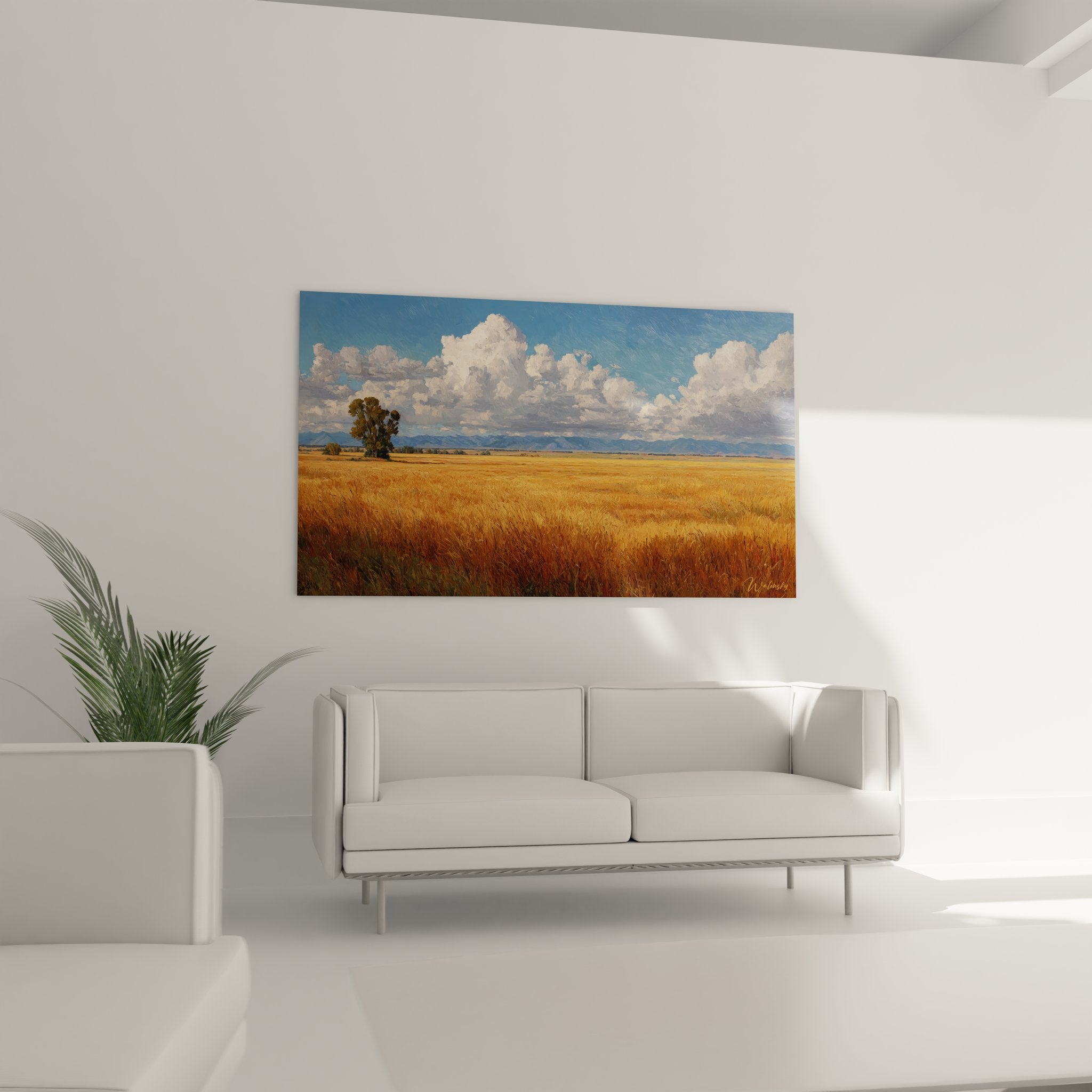 Détail tableau prairie dorée montrant texture herbes et nuances colorées du paysage rural