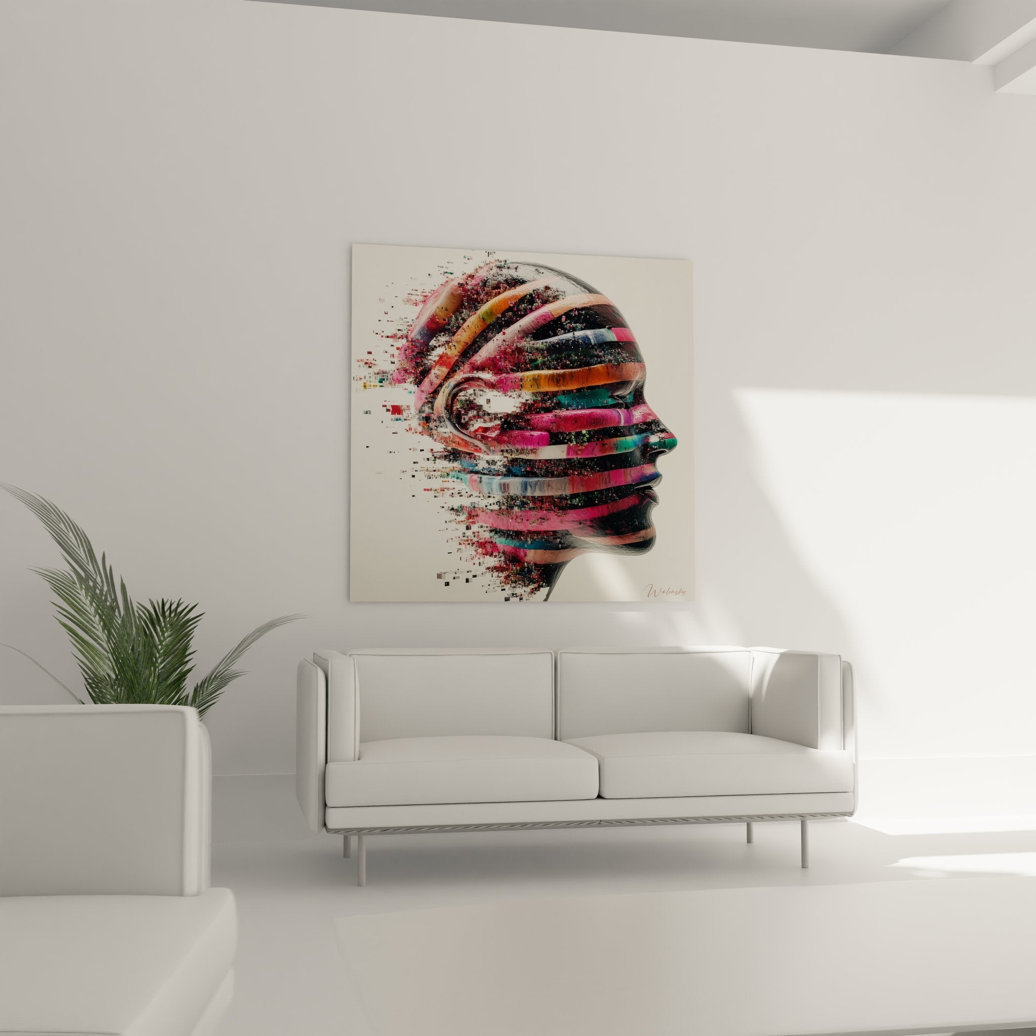 Détail gros plan tableau profil digitale avec pixels colorés dispersés - art numérique contemporain