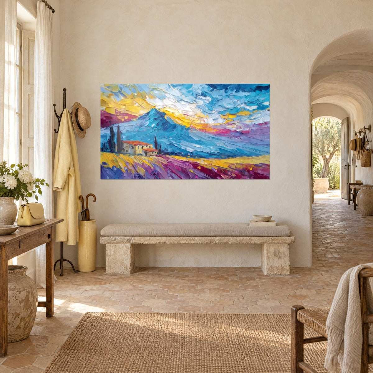 Gemälde provenzalische Landschaft mit Spachteltechnik, dunkle Zypressen und violette und gelbe Felder, über einer Steinbank in einem Landhaus gehängt