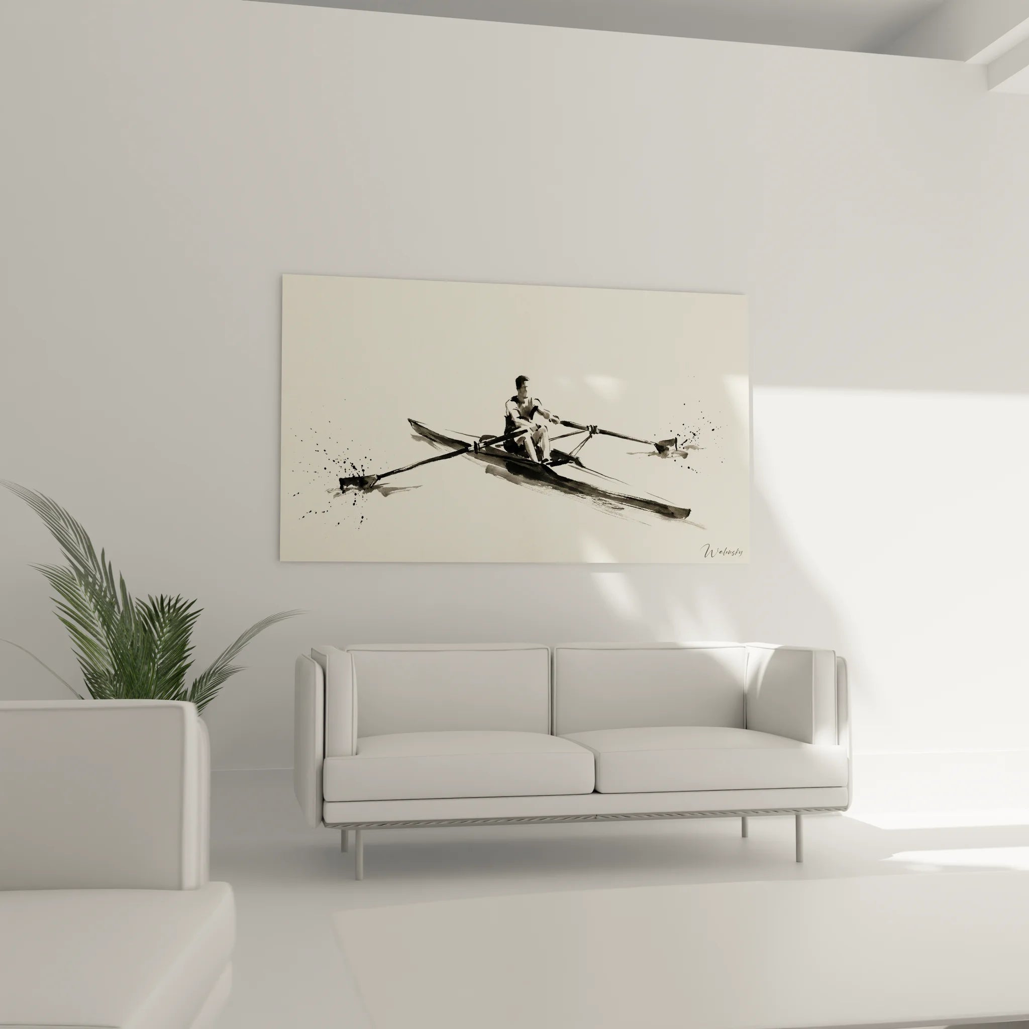 Détail gros plan tableau rameur encre, technique artistique aviron éclaboussures d'eau