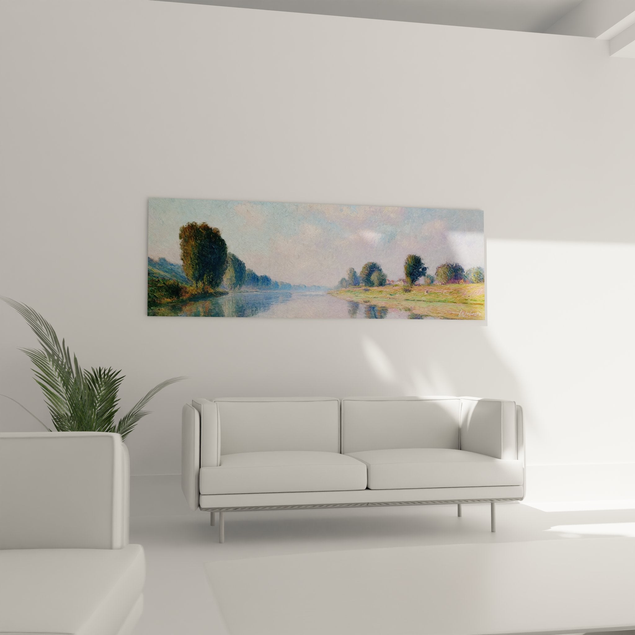 Détail gros plan tableau rivière montrant technique impressionniste et reflets aquatiques délicats