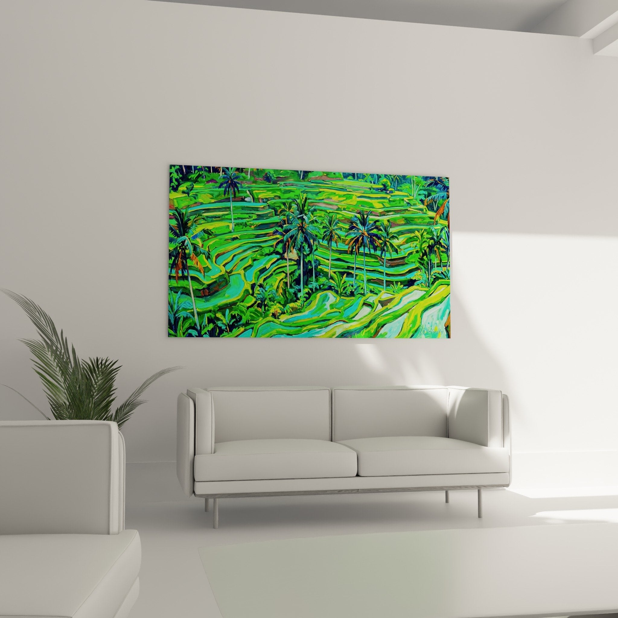 Détail tableau rizières Bali couleurs vertes émeraude lime technique peinture palmiers tropicaux