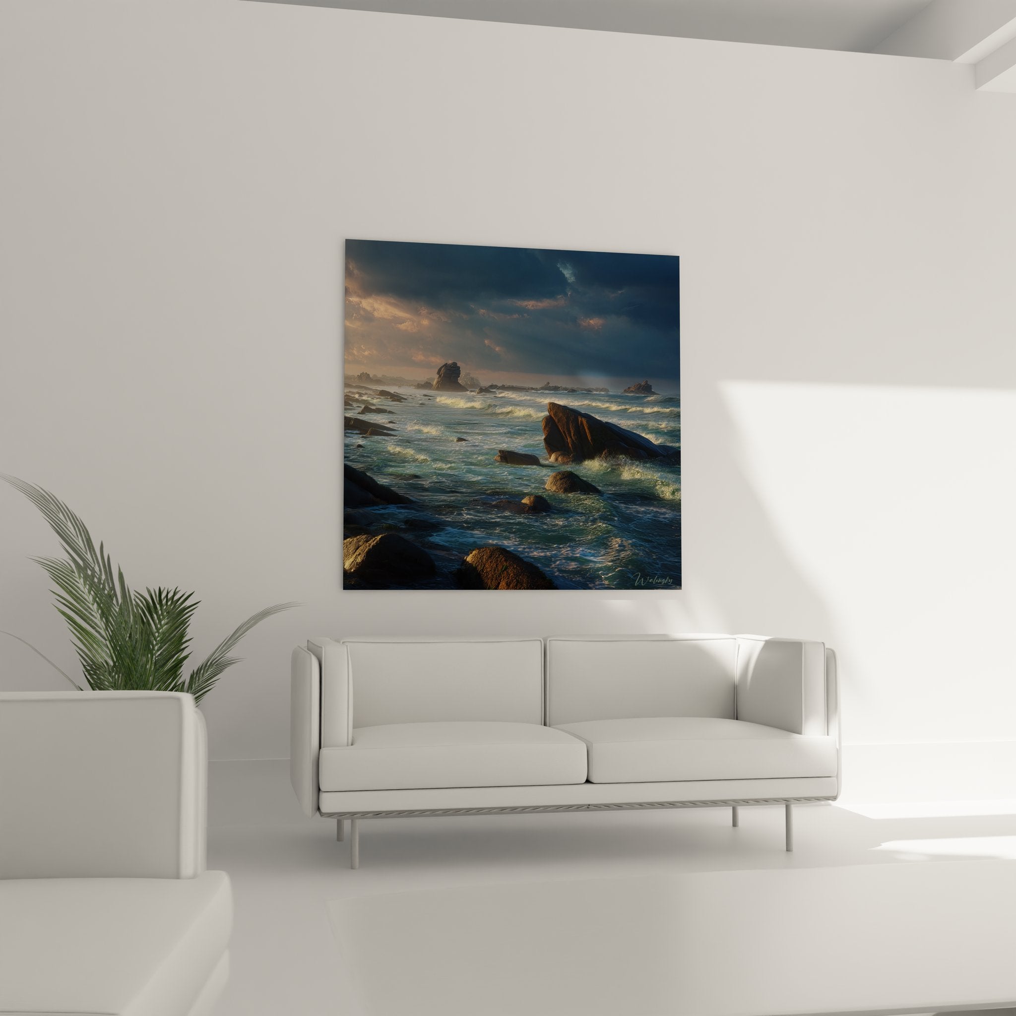 Détail gros plan tableau rochers océan texture vagues écumantes art mural maritime