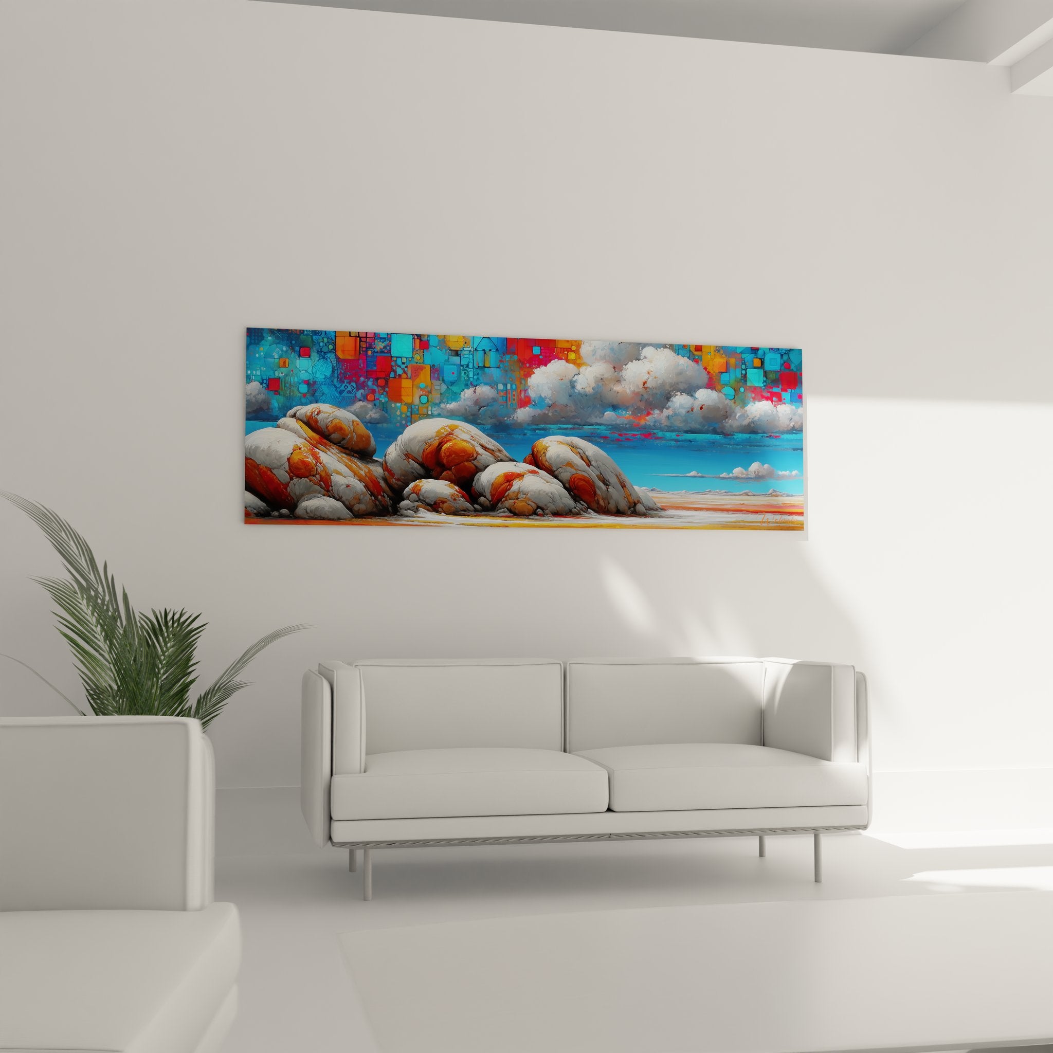 Gros plan détail tableau rochers côtiers, transition pixels colorés vers réalisme photographique