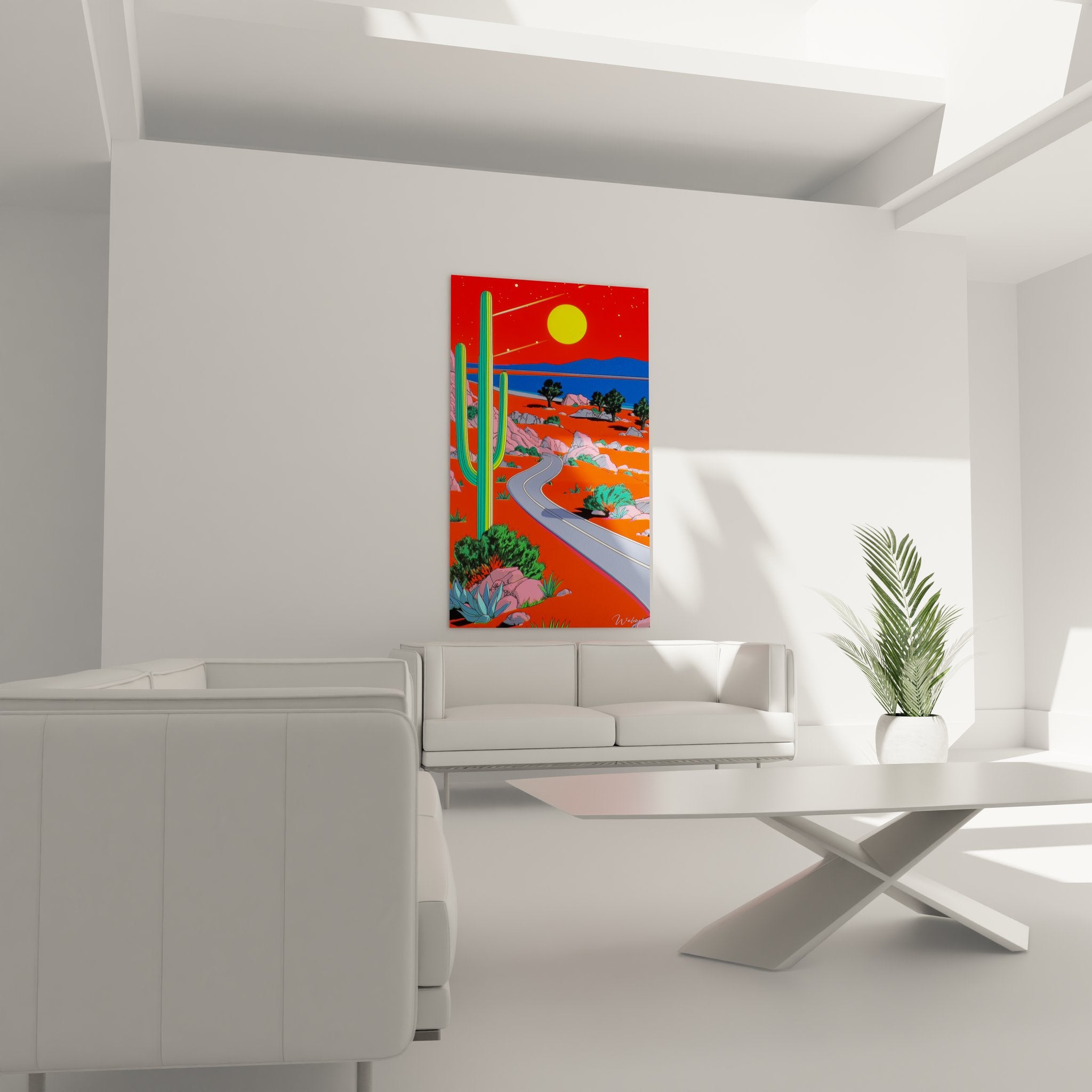 Détail tableau désert Arizona route sinueuse cactus saguaro rochers colorés art contemporain