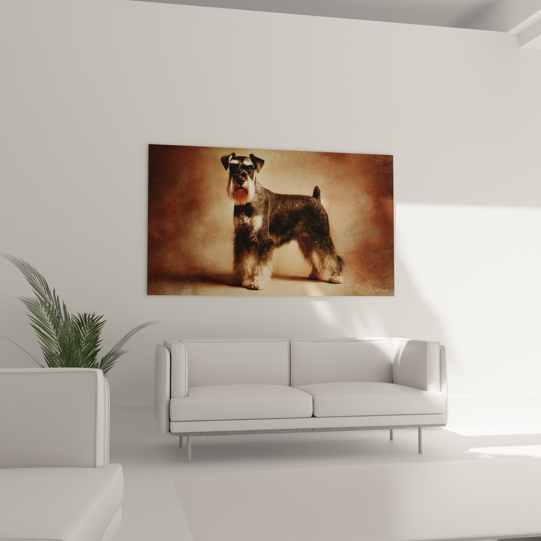 Gros plan tableau Schnauzer montrant détails pelage poivre et sel et expression noble du regard canin