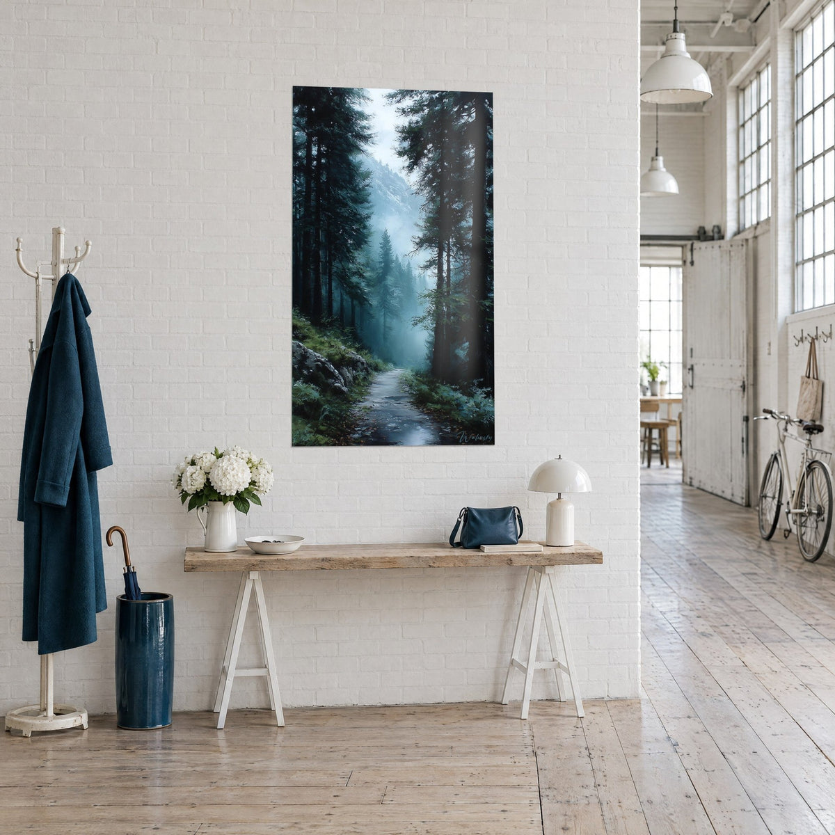 Wall art mysterious trail between black spruce trees, glacier blue mist and green moss, three-quarter view in an artist's loft