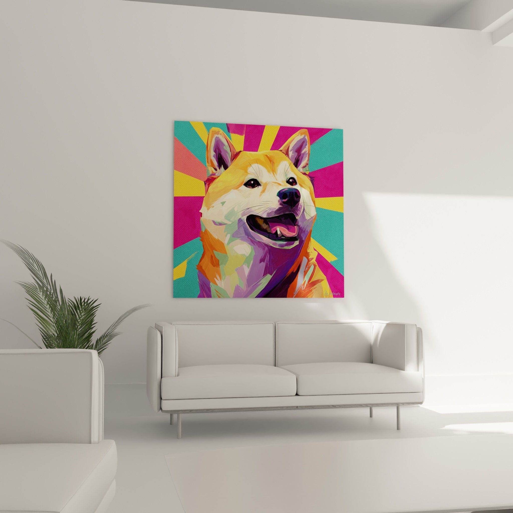 Close-up of Shiba Inu artwork details showcasing orange and purple colors and pop art painting technique