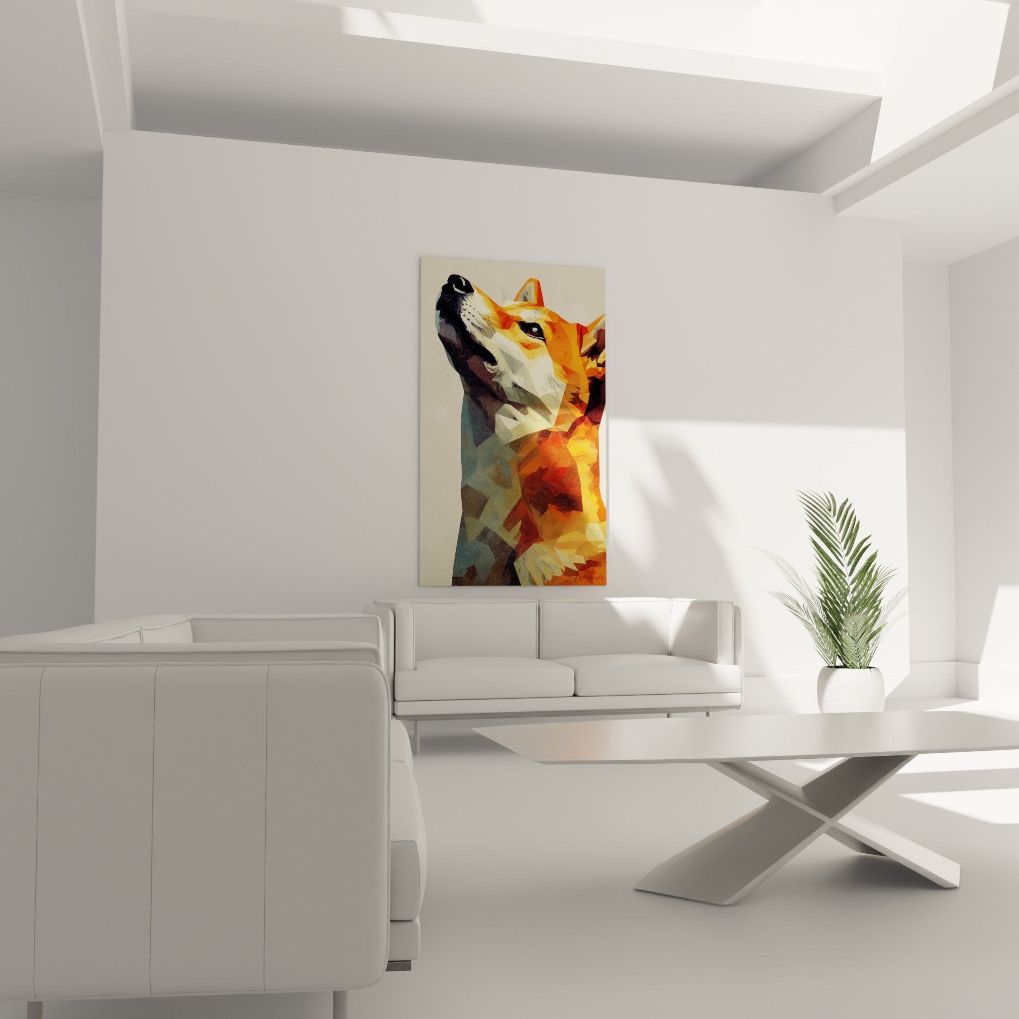 Close-up Shiba Inu artwork geometric facets orange blue polygon details contrasting colors canvas texture