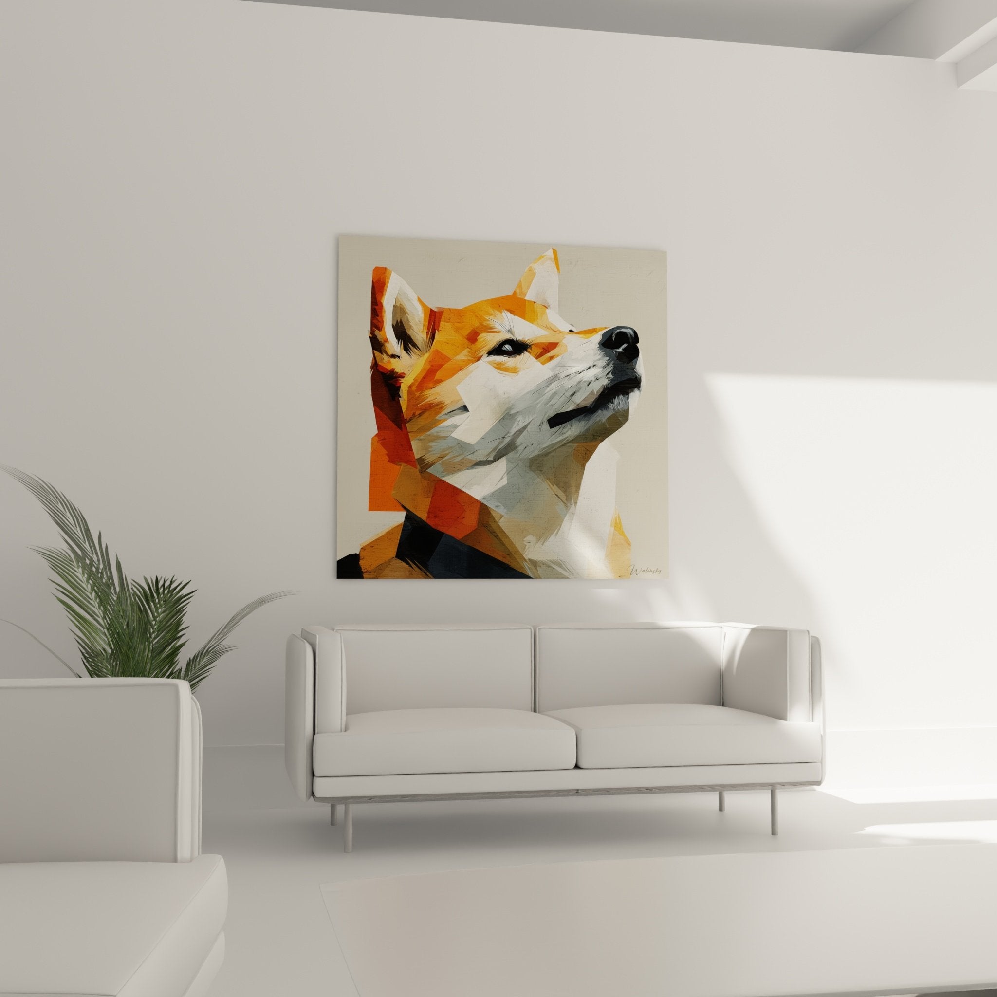 Détail tableau Shiba Inu facettes colorées orange blanc technique géométrique moderne regard expressif