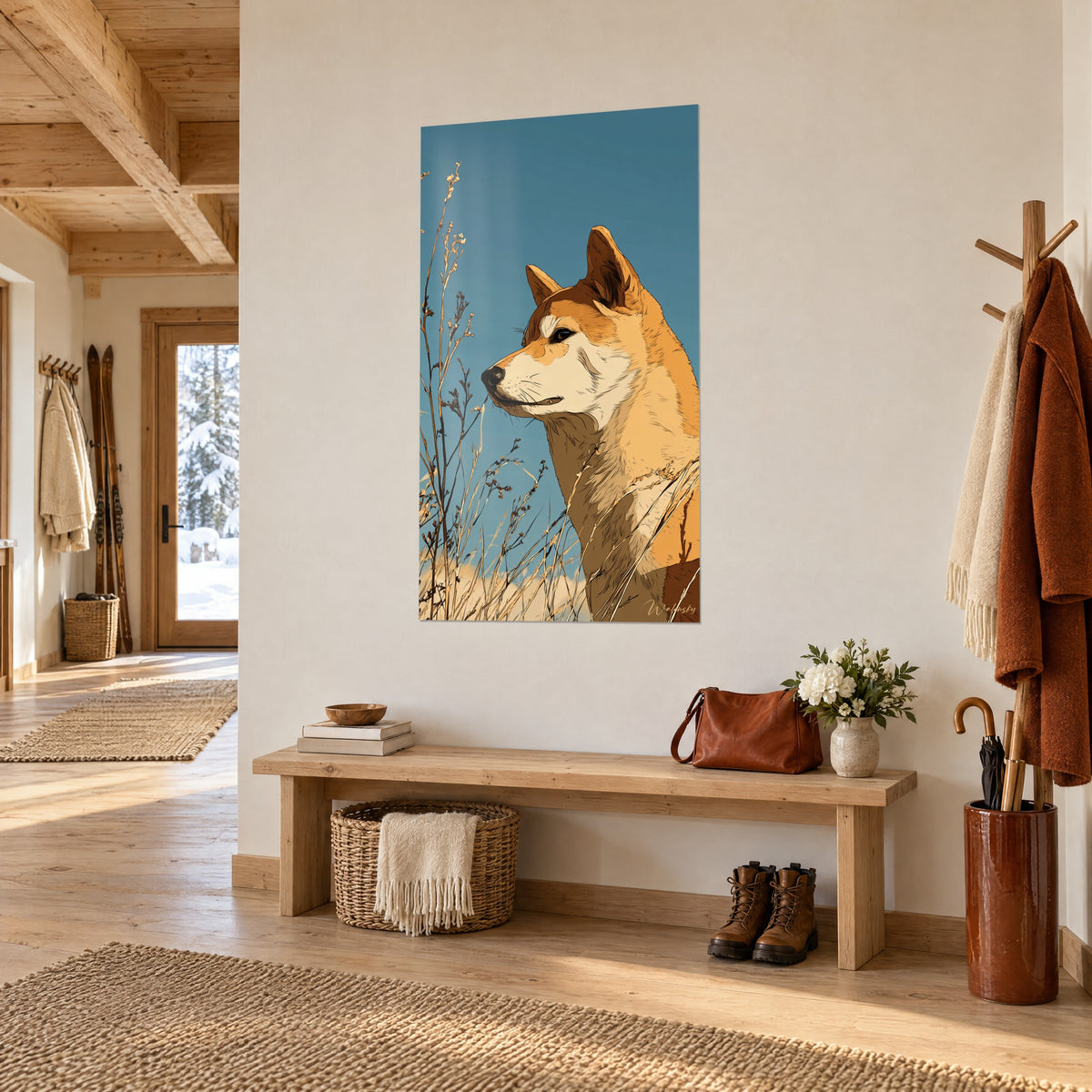 Πίνακας πορτρέτο Shiba Inu ωχρά με κρεμ τρίχωμα, χρυσά χορτάρια κάτω από ουρανό χρώματος πετρόλ, κρεμασμένος σε είσοδο ξενοδοχείου τύπου σαλέ