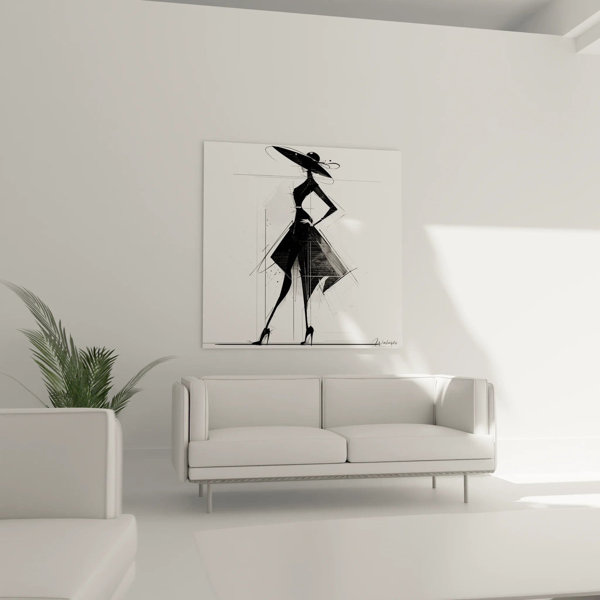Détail tableau silhouette féminine noir blanc traits géométriques illustration mode