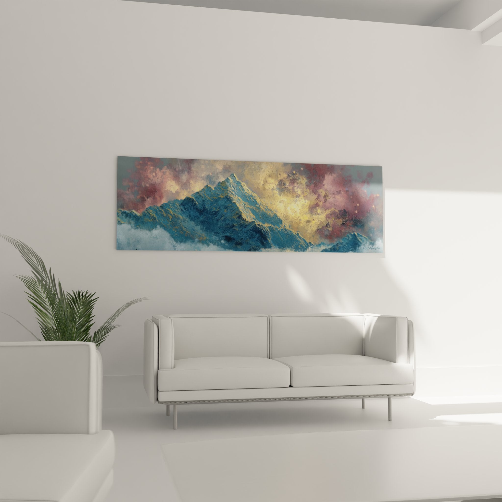 Détail tableau montagne enneigée, texture nuages dorés et reliefs rocheux, art mural premium