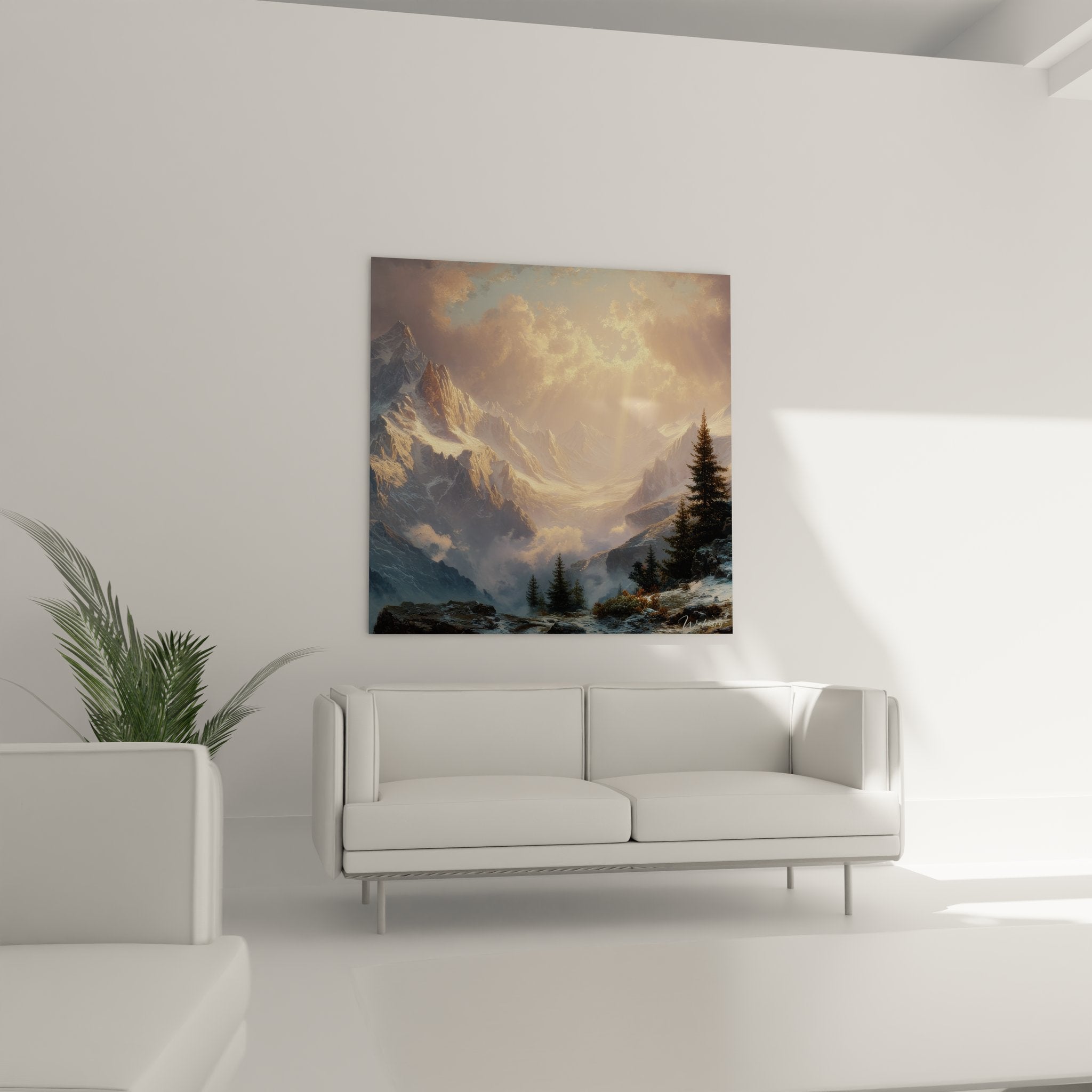 Détail tableau montagne enneigée montrant texture des sommets glaciaires et nuages dorés