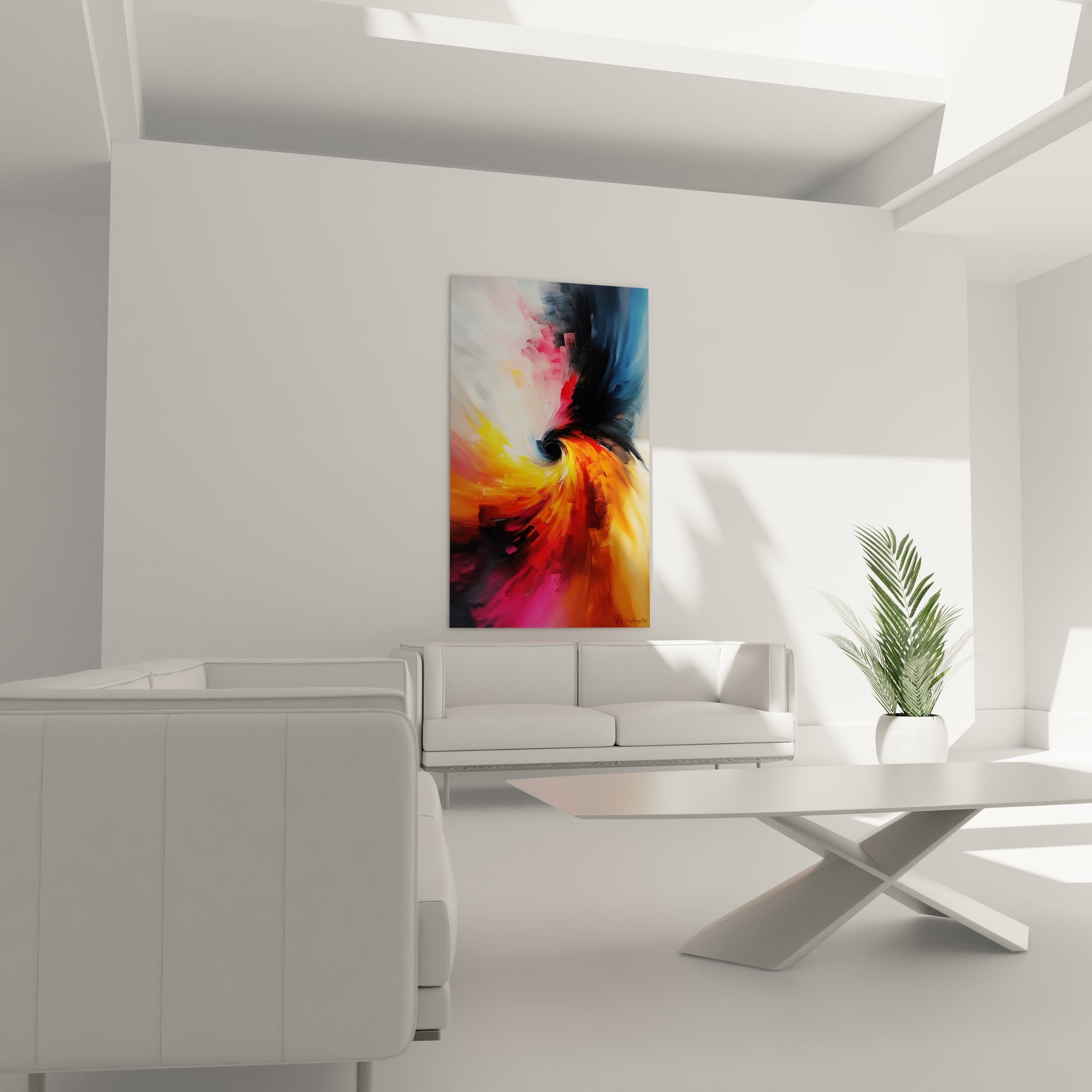 Détail gros plan tableau spirale abstrait, texture peinture couleurs vives mouvement