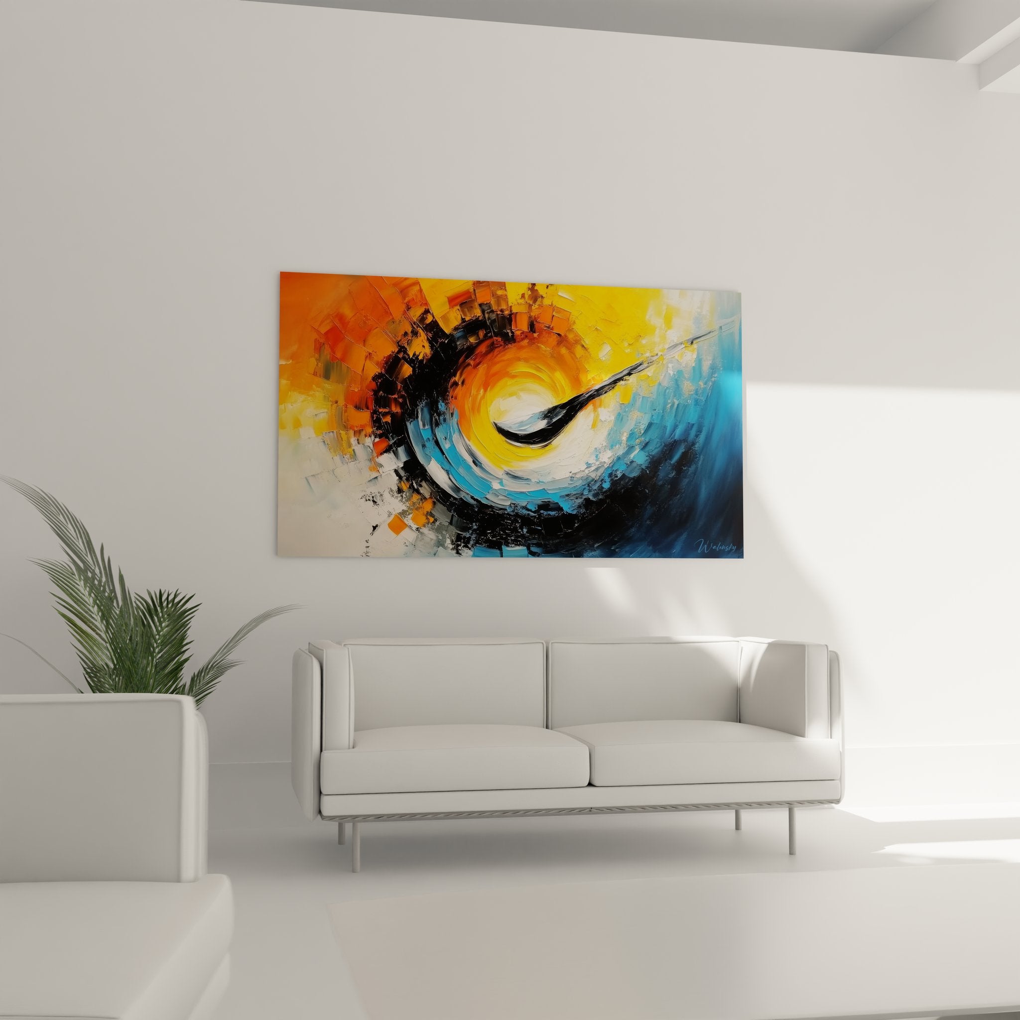 Détail gros plan tableau spirale abstraite montrant textures et couleurs vibrantes du vortex cosmique