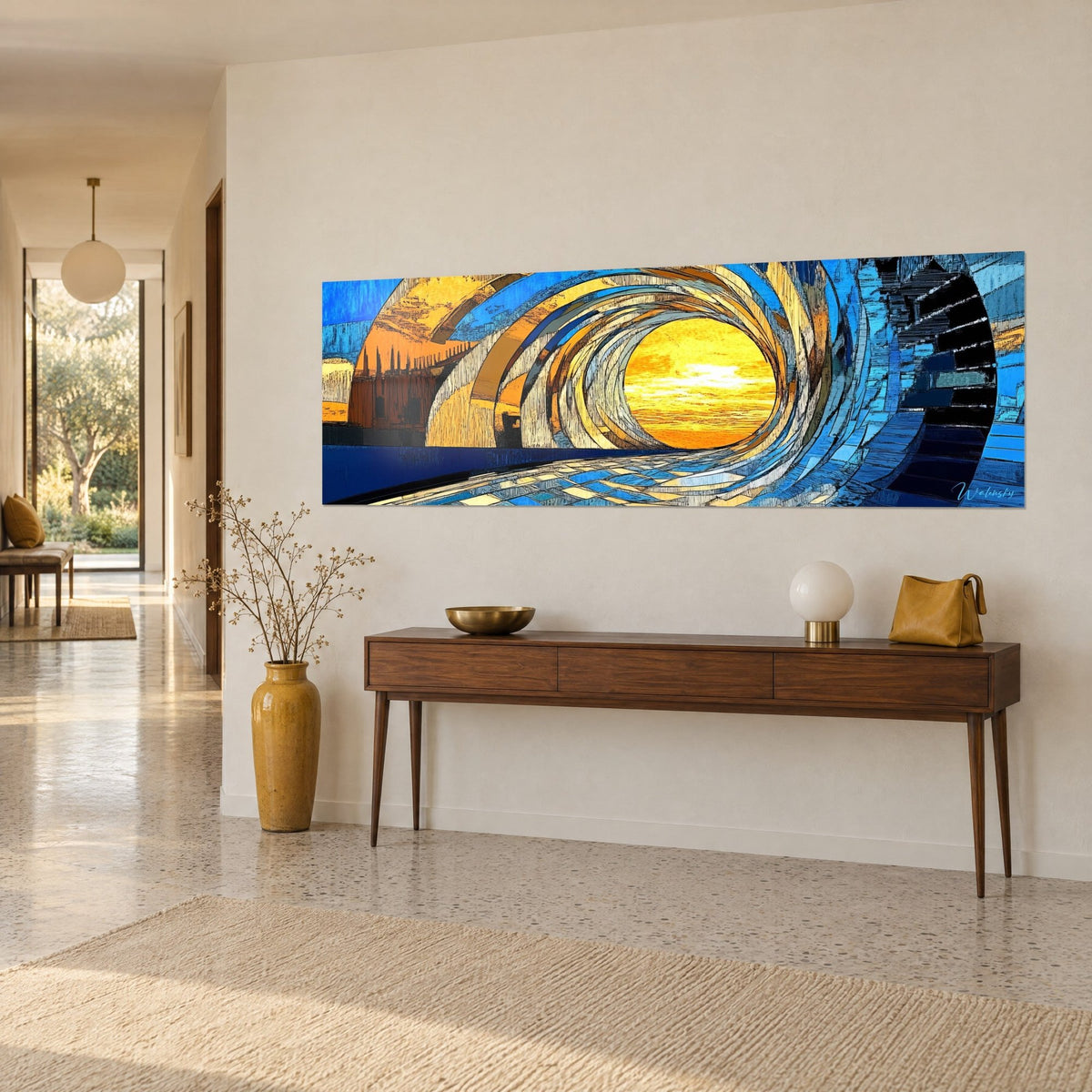 Wall art featuring a swell tunnel with ochre and ultramarine blue rings, orange sun at the end, three-quarter view on a beige wall