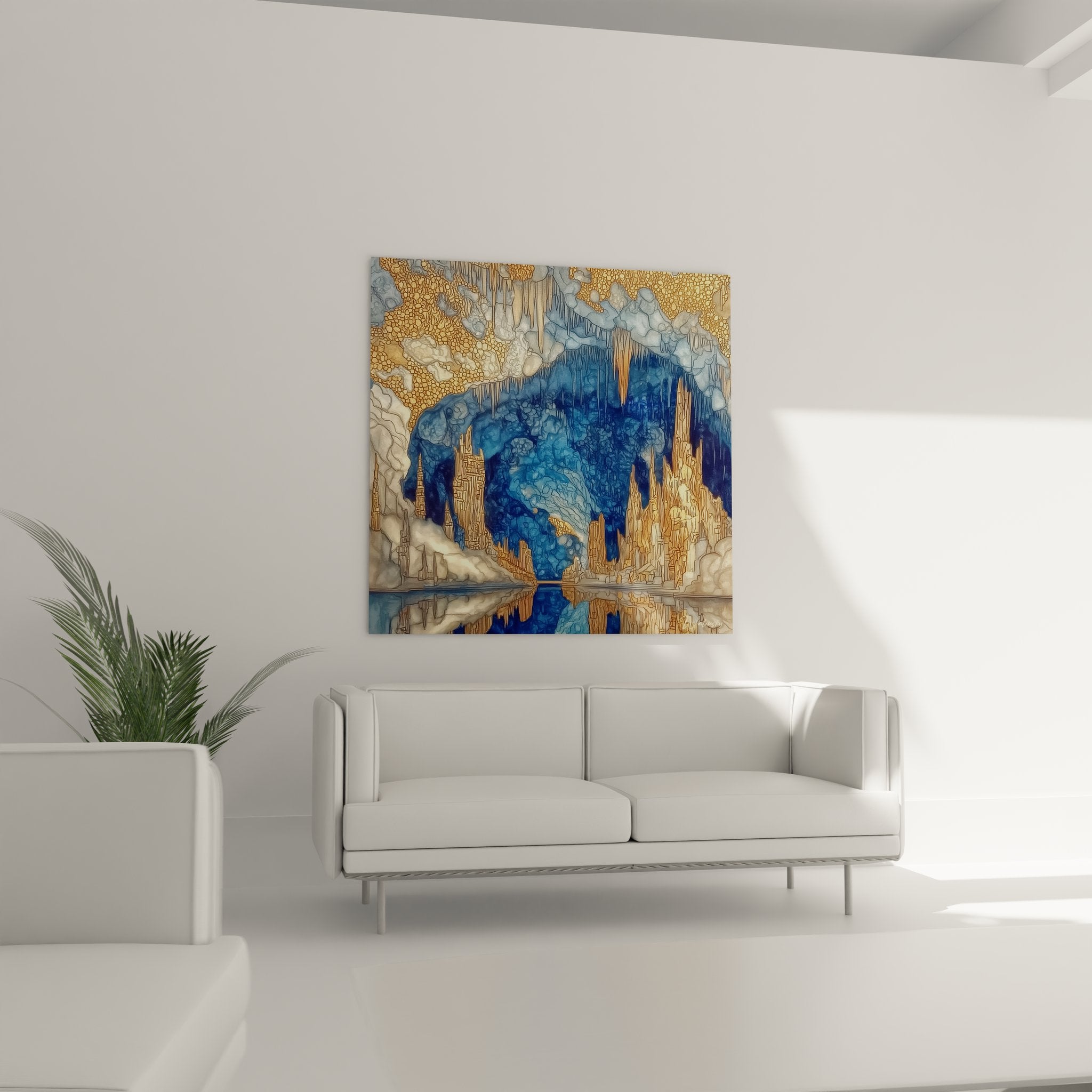 Détail tableau grotte naturelle textures stalactites dorées formations calcaires art géologique