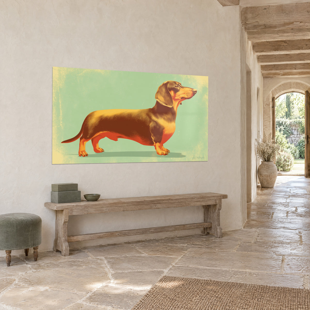 Schilderij basset met bruine en oranje vacht, groene schaduw, in een zonnige stenen gang