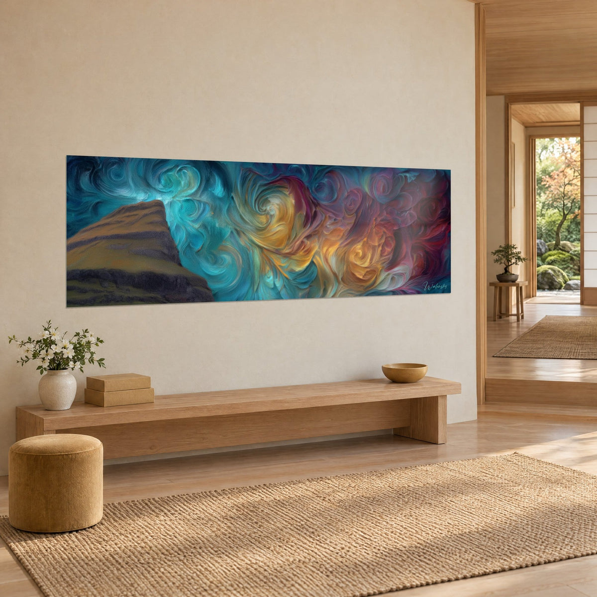 Tableau tempête cosmique de spirales cyan et carmin, rocher sombre en coin, vue de trois-quarts sur mur crème japandi