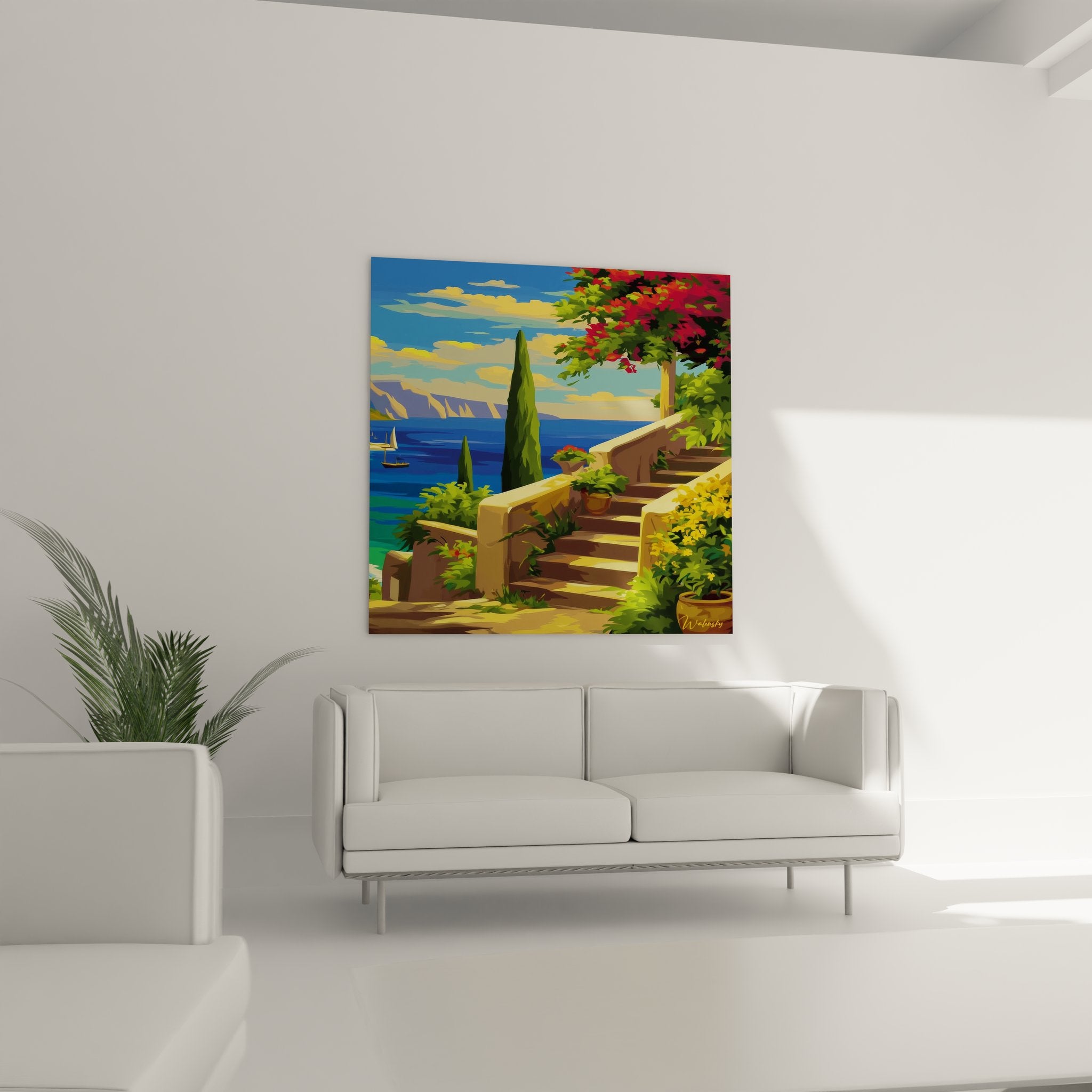 Détail gros plan tableau terrasse fleurie bougainvilliers roses escalier pierre ocre style méditerranéen