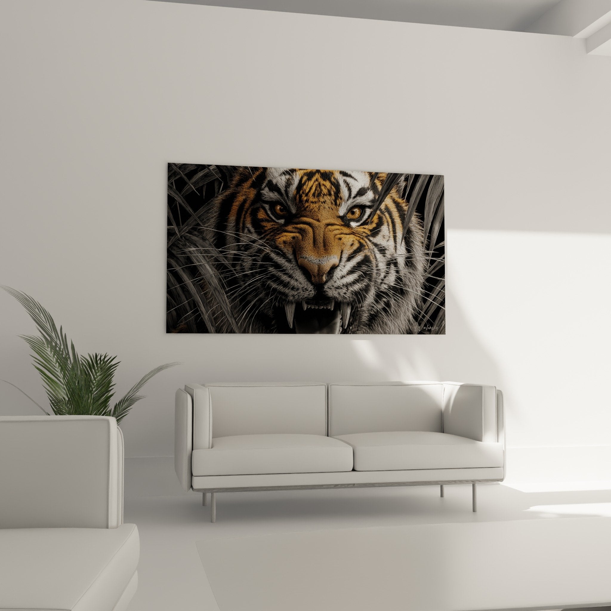 Nahaufnahme-Detail eines Tigergemäldes mit goldener Felltextur, schwarzen Streifen und intensivem wildem Blick