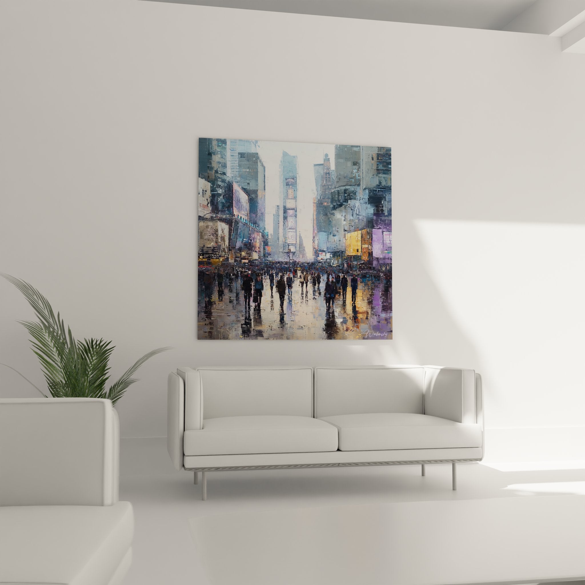 Détail gros plan tableau Times Square montrant technique peinture reflets sur sol mouillé et néons