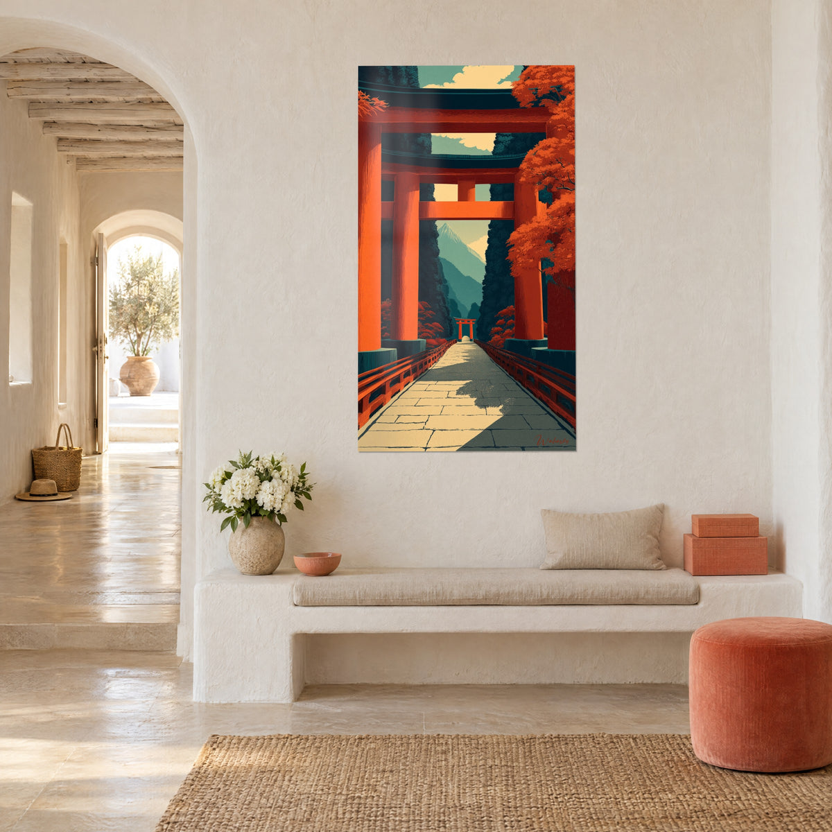 Wall art orange sacred gates on a cream stone bridge, blue-green mountain in the background, whitewashed wall, three-quarter view, Mediterranean house