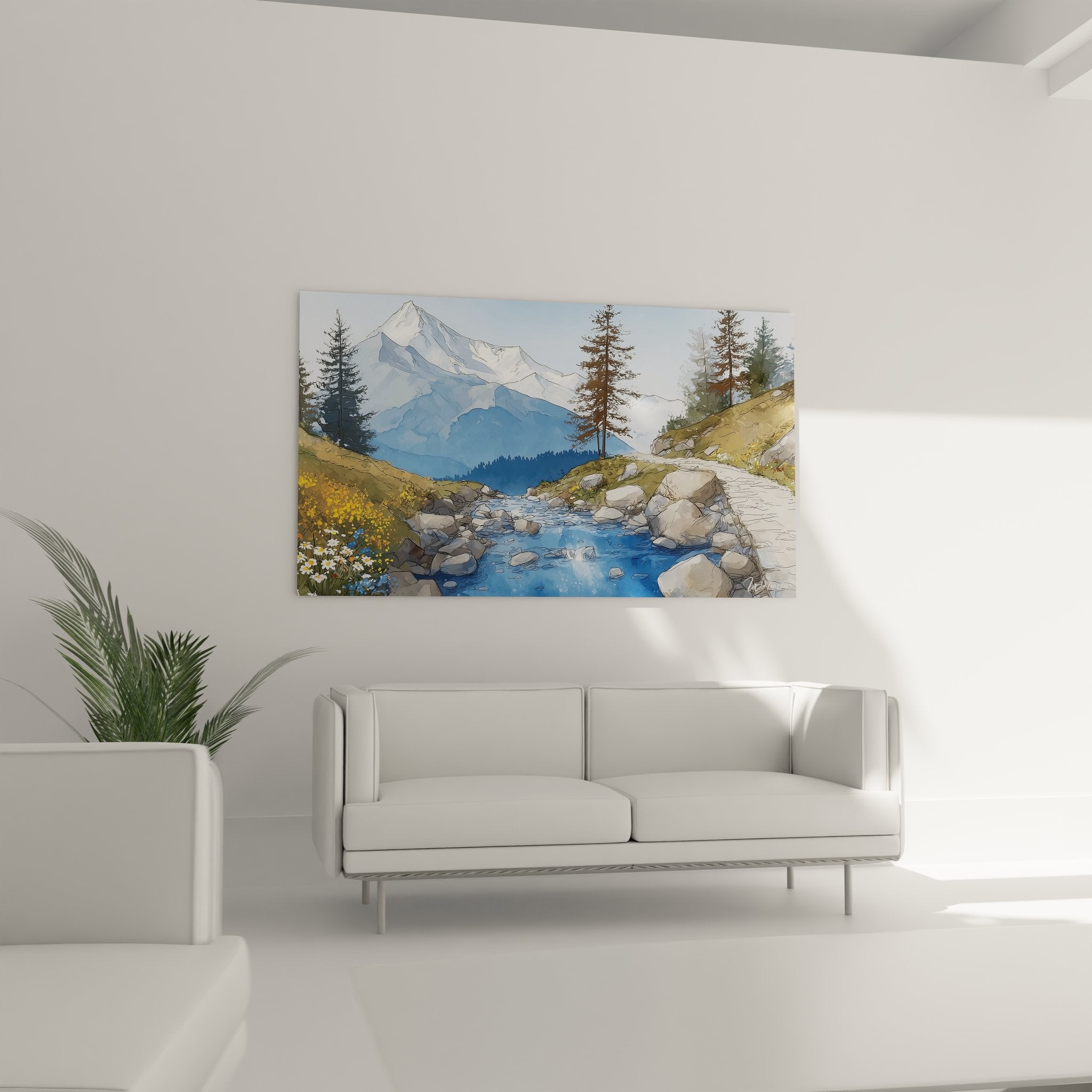 Détail tableau torrent alpin, eaux cristallines coulant entre rochers avec fleurs sauvages colorées