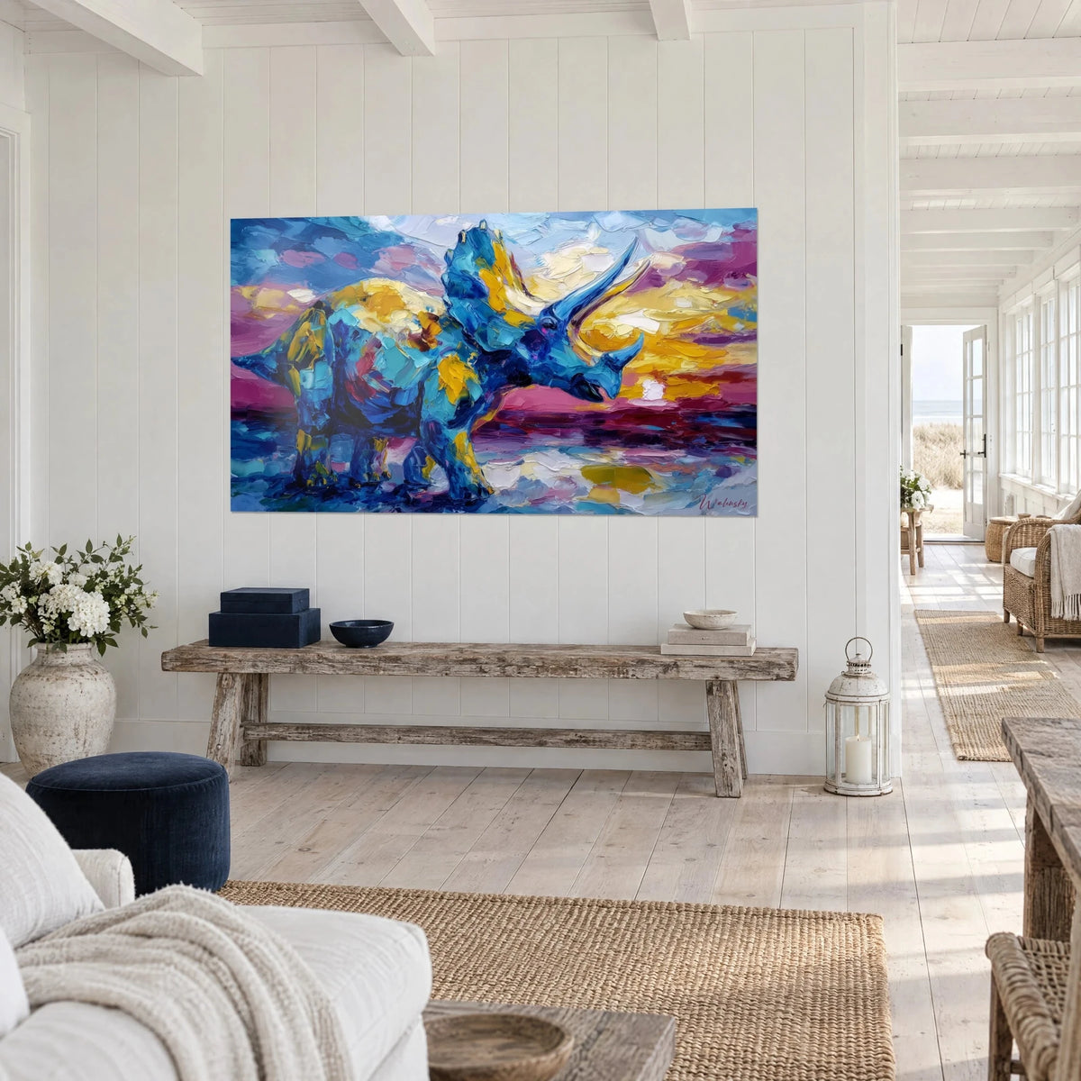 Wall art horned dinosaur with turquoise and yellow scales, thick palette-knife strokes, white wood-panelled wall, raw wood console