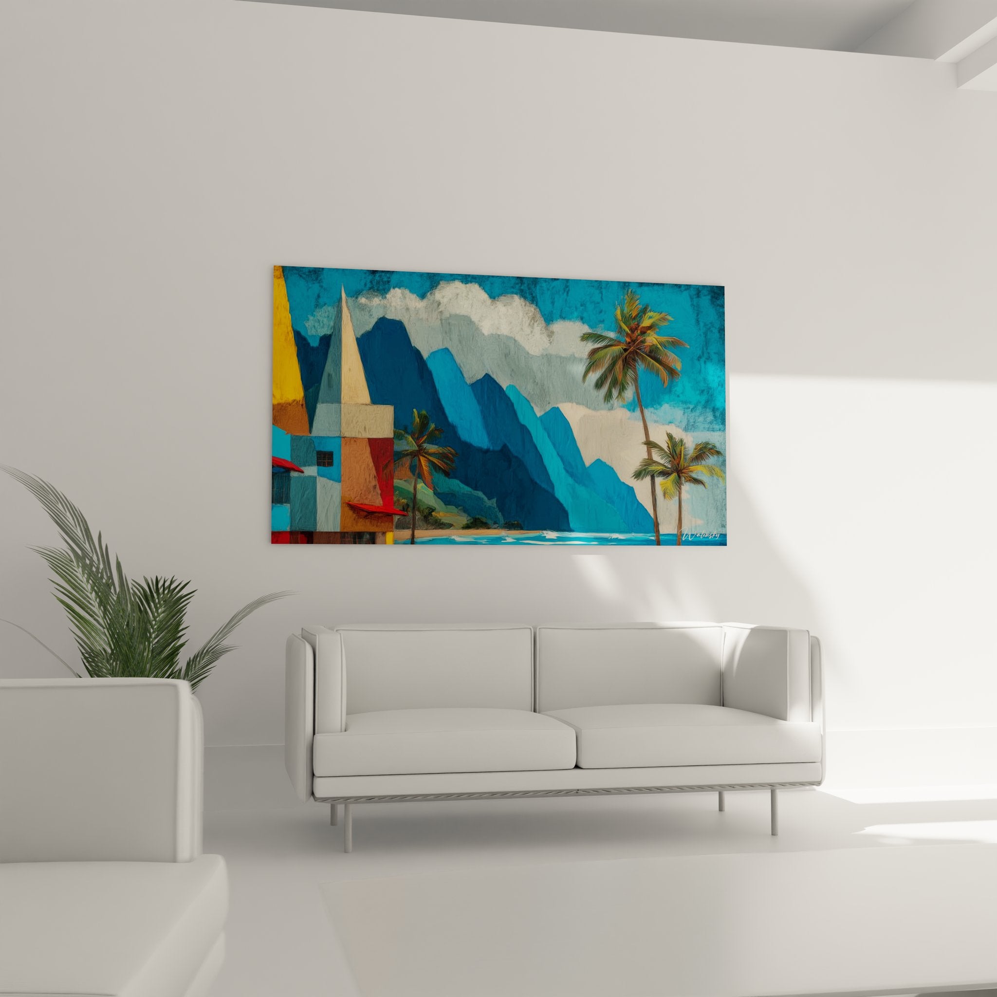 Détail tableau tropical montrant palmiers, architecture colorée et voiliers blancs - Art moderne insulaire