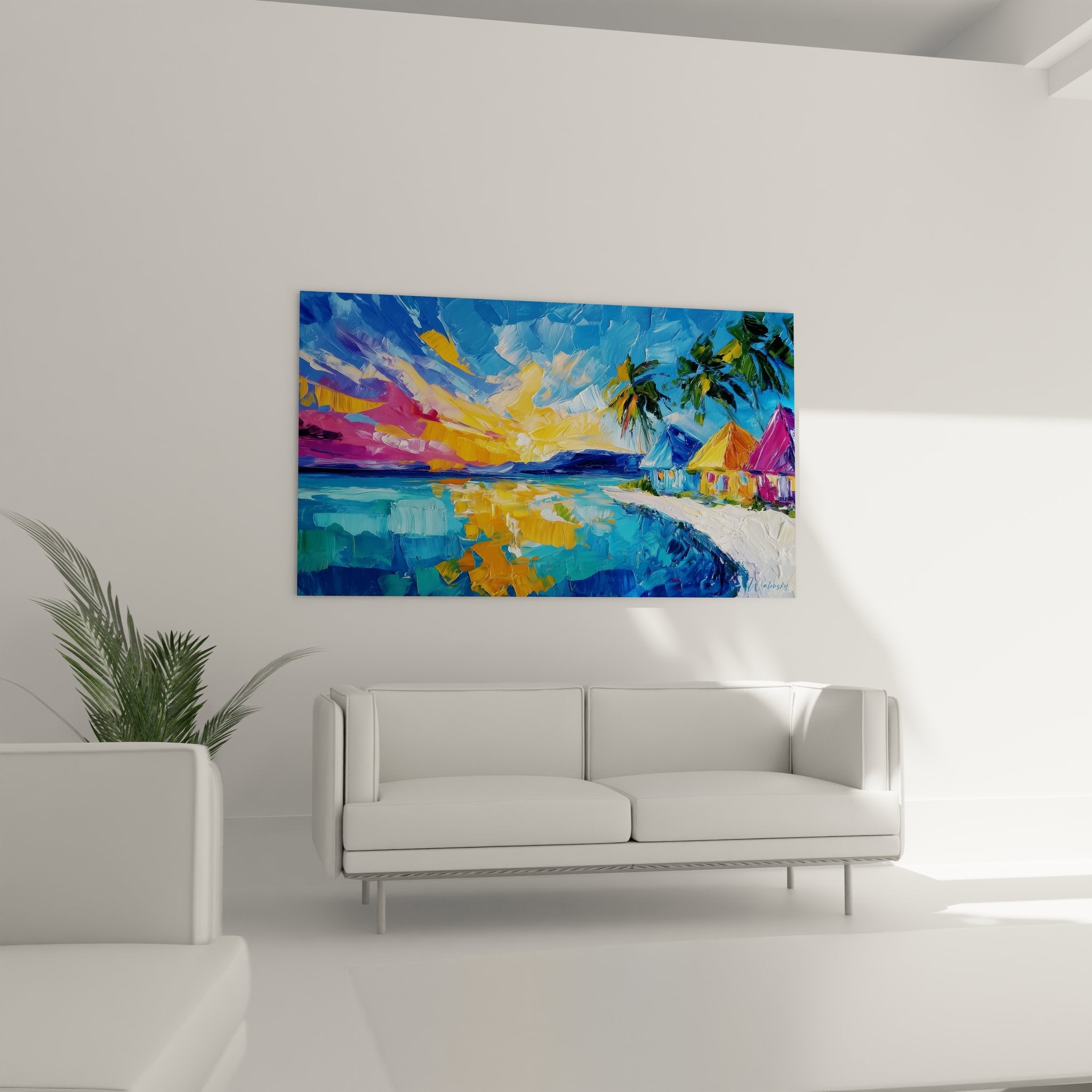 Détail gros plan tableau tropical montrant technique pinceau expressif et couleurs vives coucher soleil îles